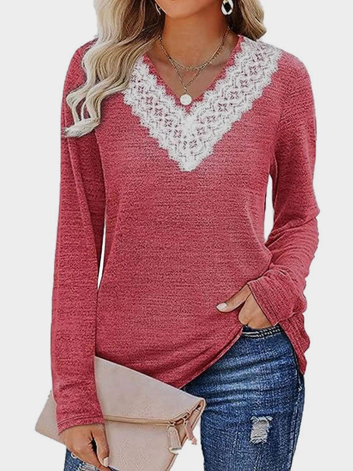 Lace Detail V-Neck Long Sleeve T-Shirt - Clothes For Her Online Store