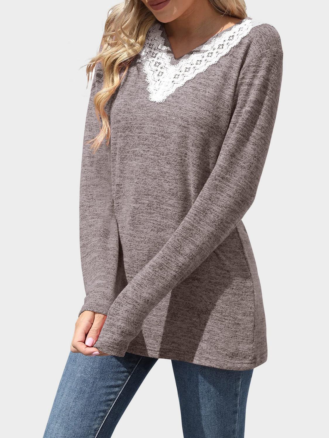 Lace Detail V-Neck Long Sleeve T-Shirt - Clothes For Her Online Store