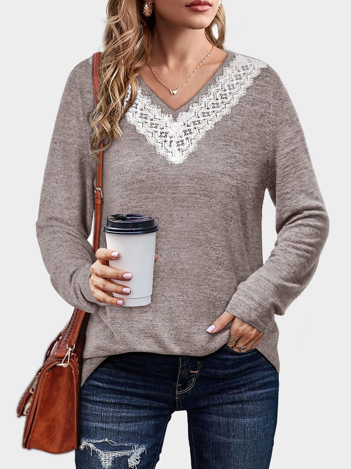Lace Detail V-Neck Long Sleeve T-Shirt - Clothes For Her Online Store