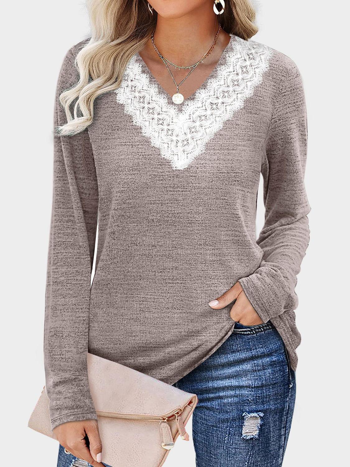 Lace Detail V-Neck Long Sleeve T-Shirt - Clothes For Her Online Store