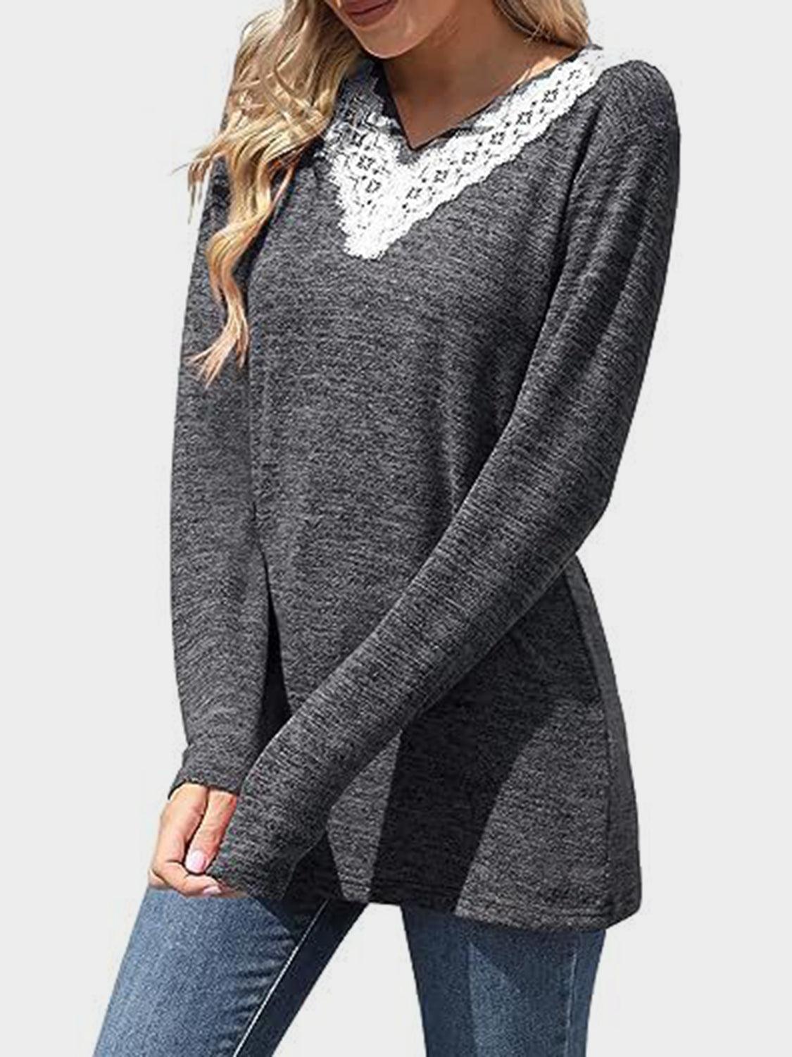 Lace Detail V-Neck Long Sleeve T-Shirt - Clothes For Her Online Store