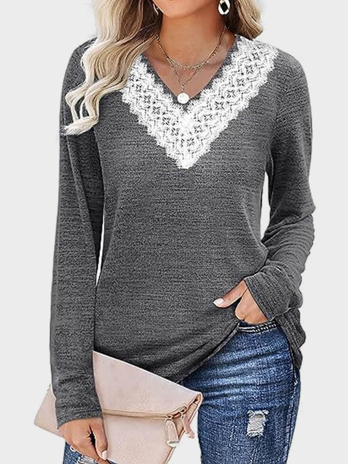 Lace Detail V-Neck Long Sleeve T-Shirt - Clothes For Her Online Store