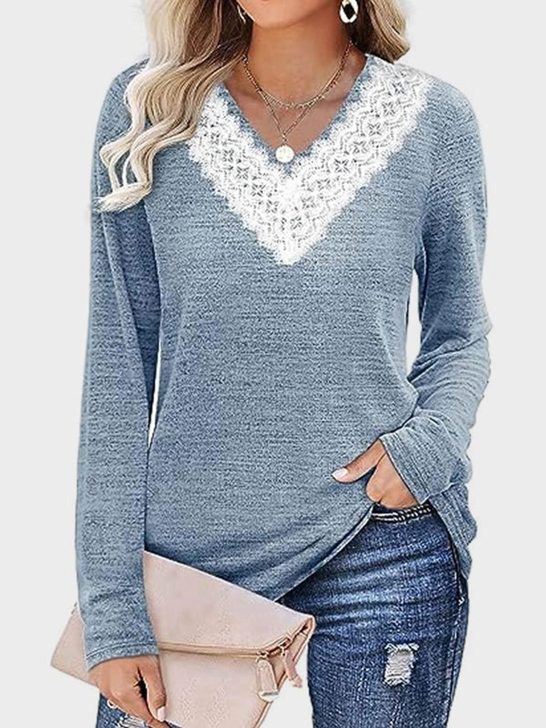 Lace Detail V-Neck Long Sleeve T-Shirt - Clothes For Her Online Store