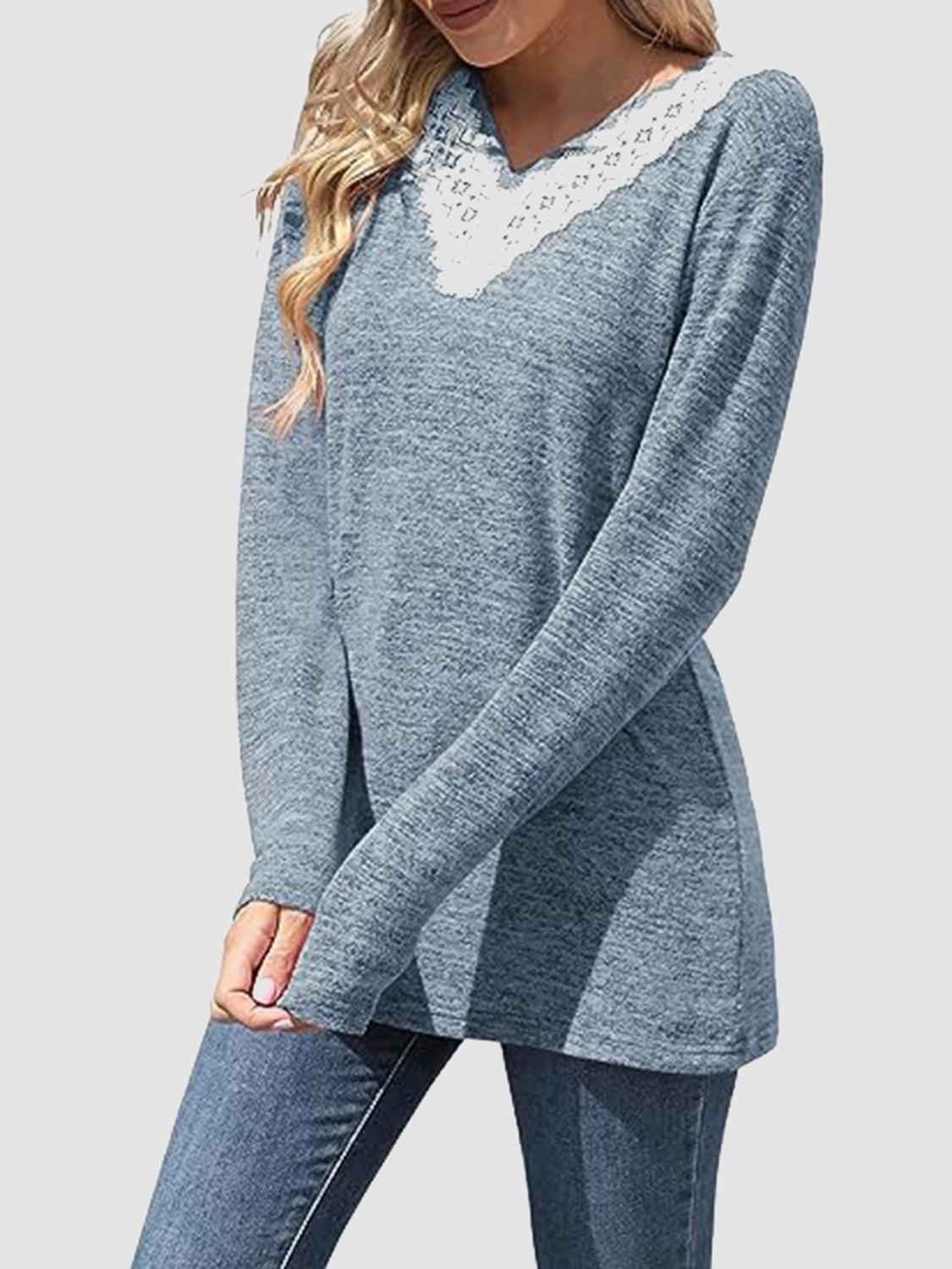 Lace Detail V-Neck Long Sleeve T-Shirt - Clothes For Her Online Store
