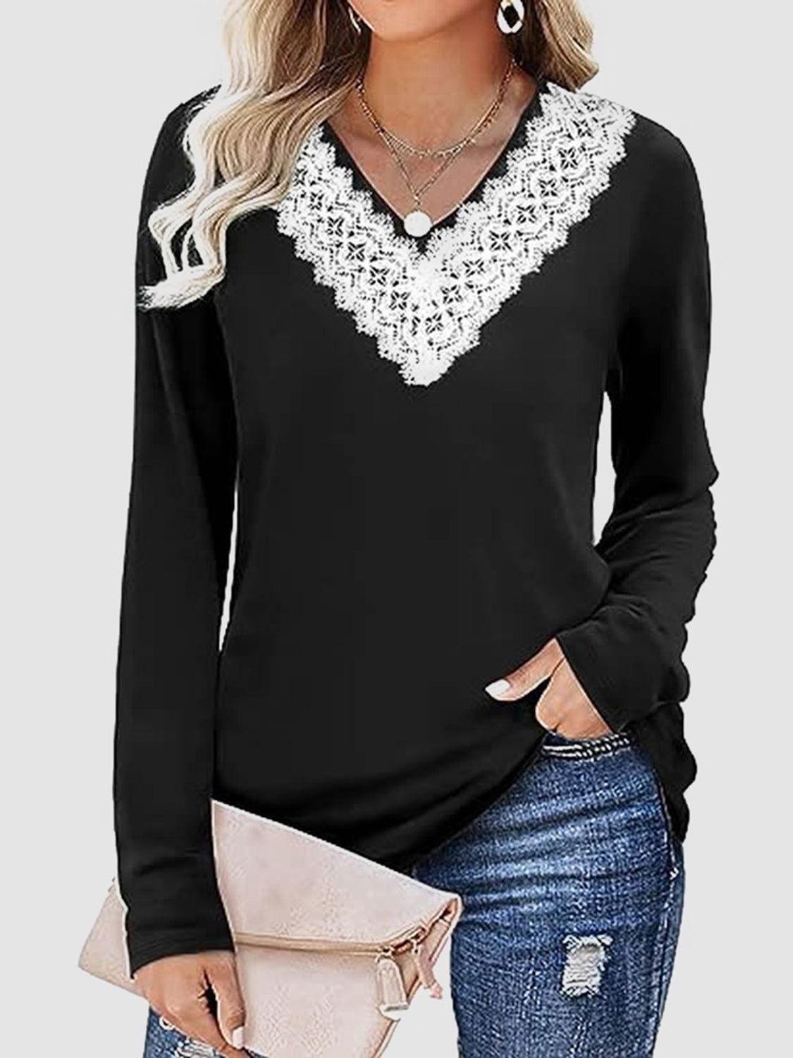 Lace Detail V-Neck Long Sleeve T-Shirt - Clothes For Her Online Store