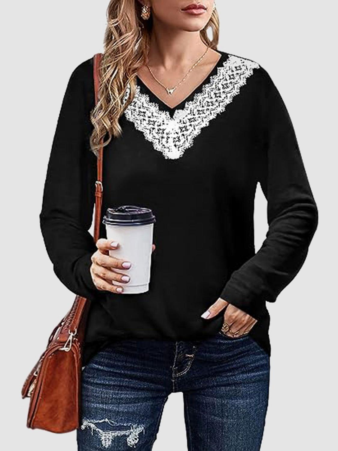 Lace Detail V-Neck Long Sleeve T-Shirt - Clothes For Her Online Store
