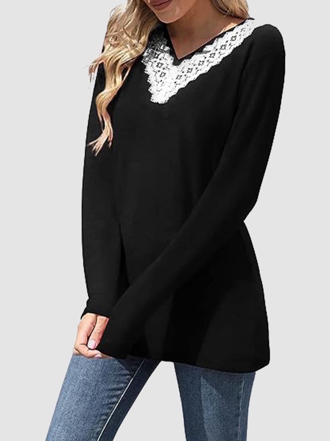 Lace Detail V-Neck Long Sleeve T-Shirt - Clothes For Her Online Store