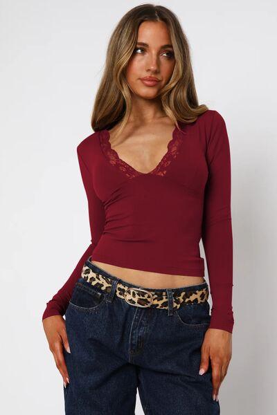 Lace Detail V-Neck Long Sleeve T-Shirt - Clothes For Her Online Store