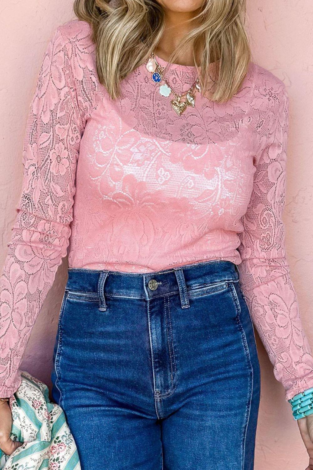Lace Flower Round Neck Long Sleeve Top - Clothes For Her Online Store