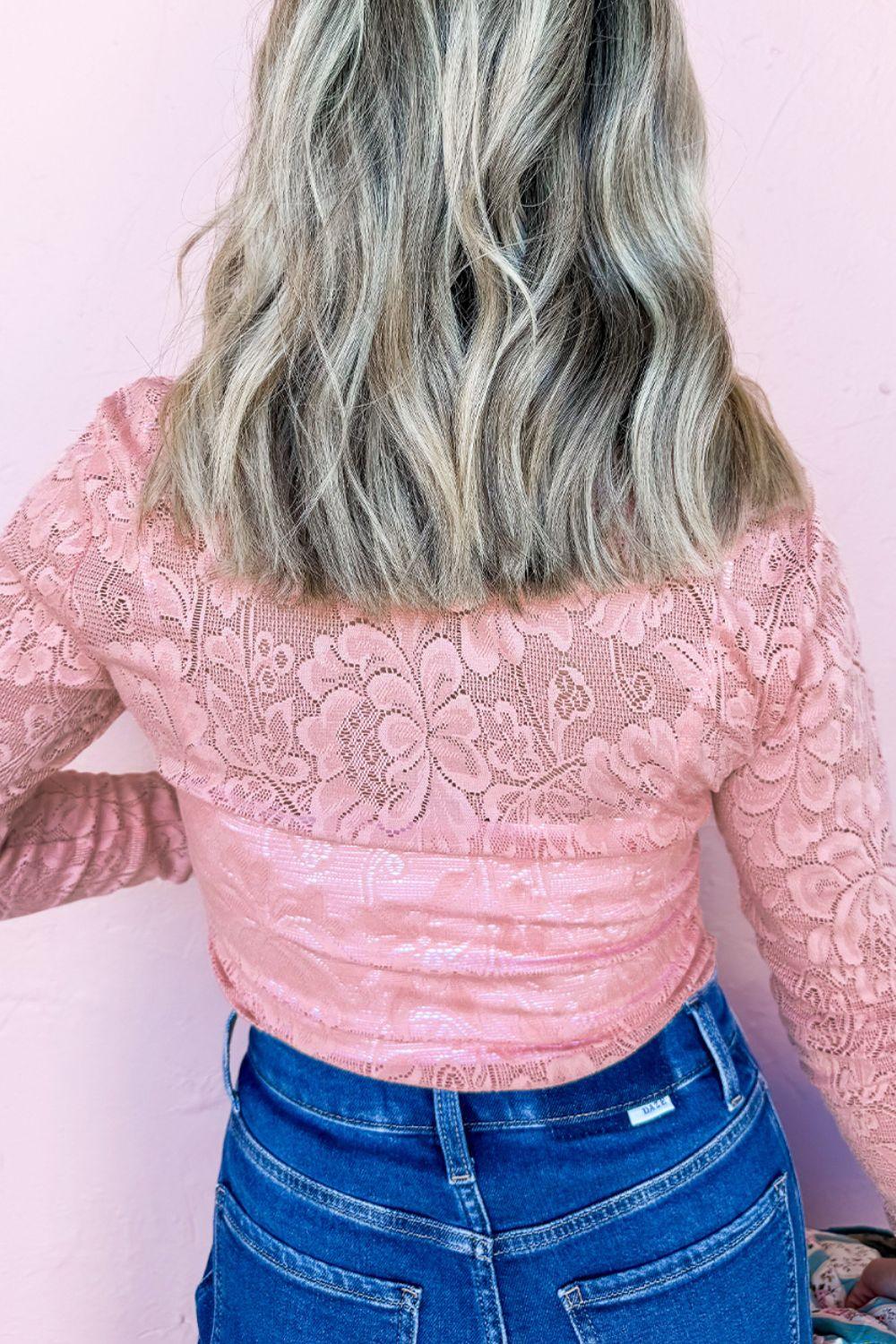 Lace Flower Round Neck Long Sleeve Top - Clothes For Her Online Store