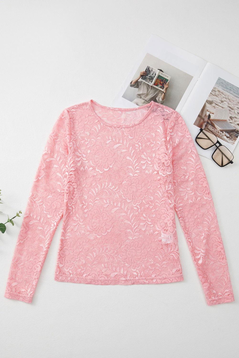 Lace Flower Round Neck Long Sleeve Top - Clothes For Her Online Store