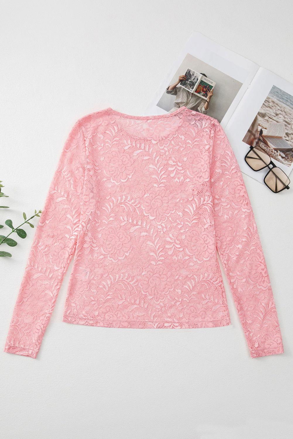 Lace Flower Round Neck Long Sleeve Top - Clothes For Her Online Store