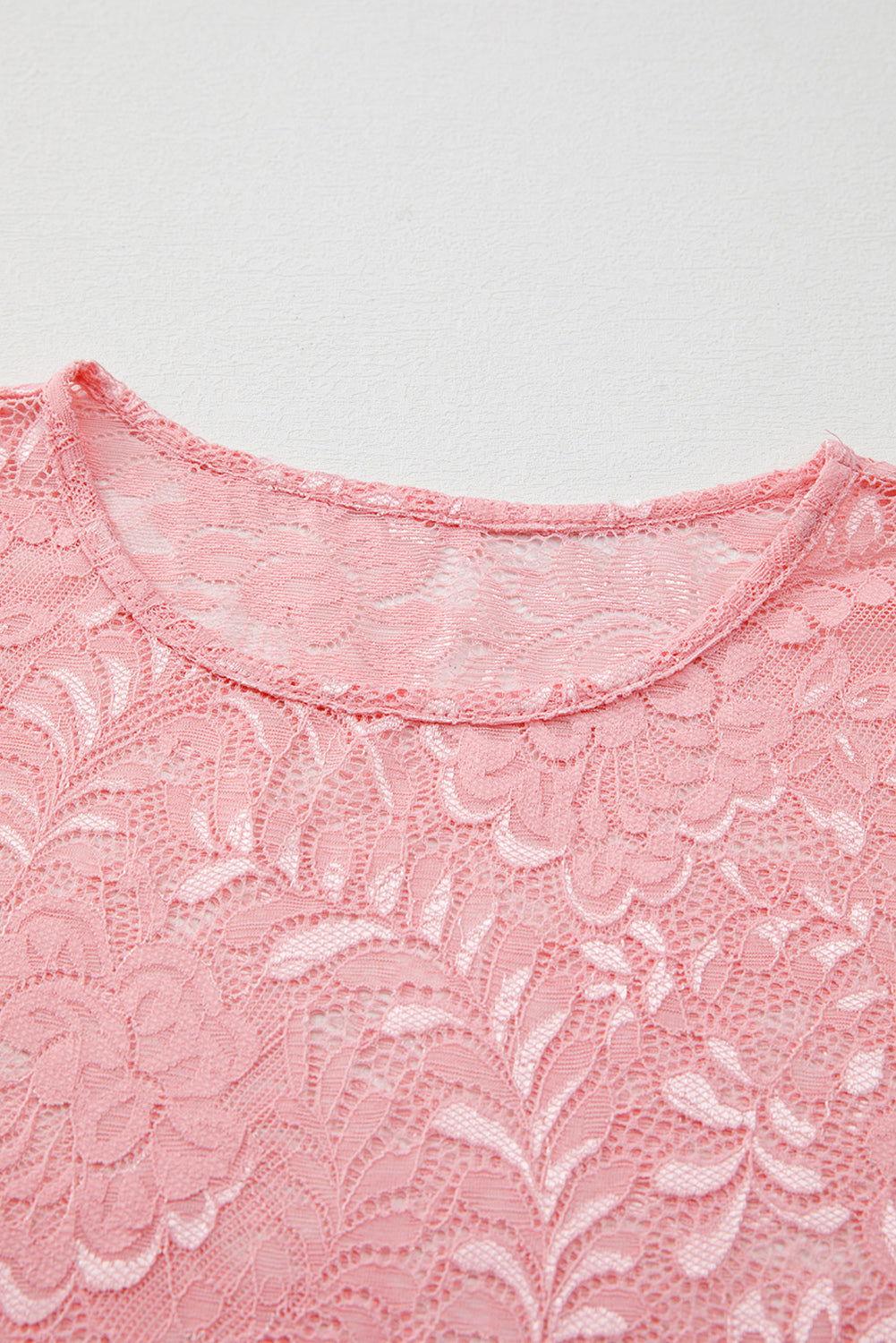 Lace Flower Round Neck Long Sleeve Top - Clothes For Her Online Store