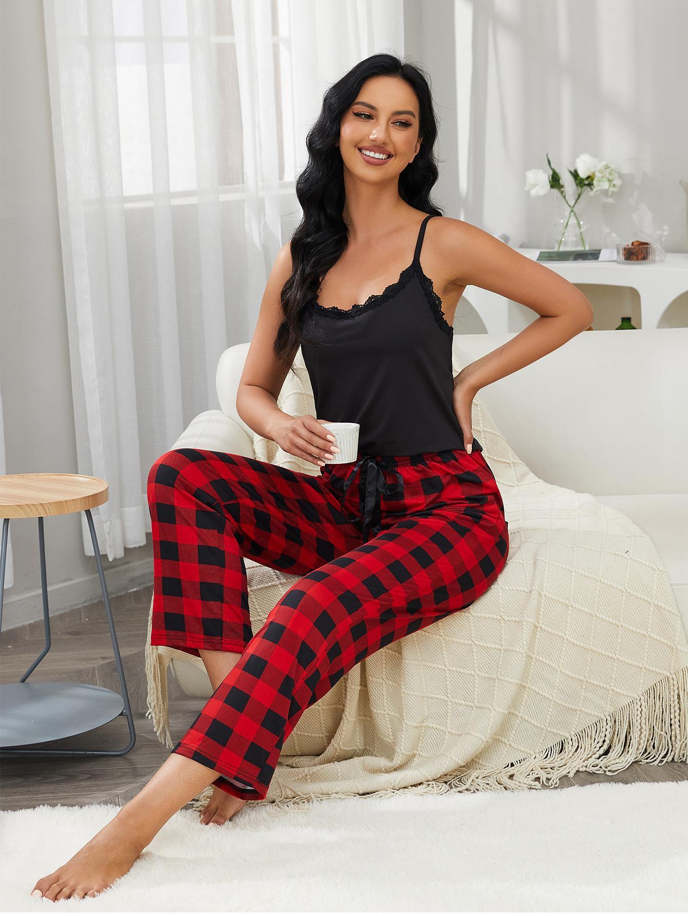 Lace Trim Cami and Plaid Pants Lounge Set - Clothes For Her Online Store