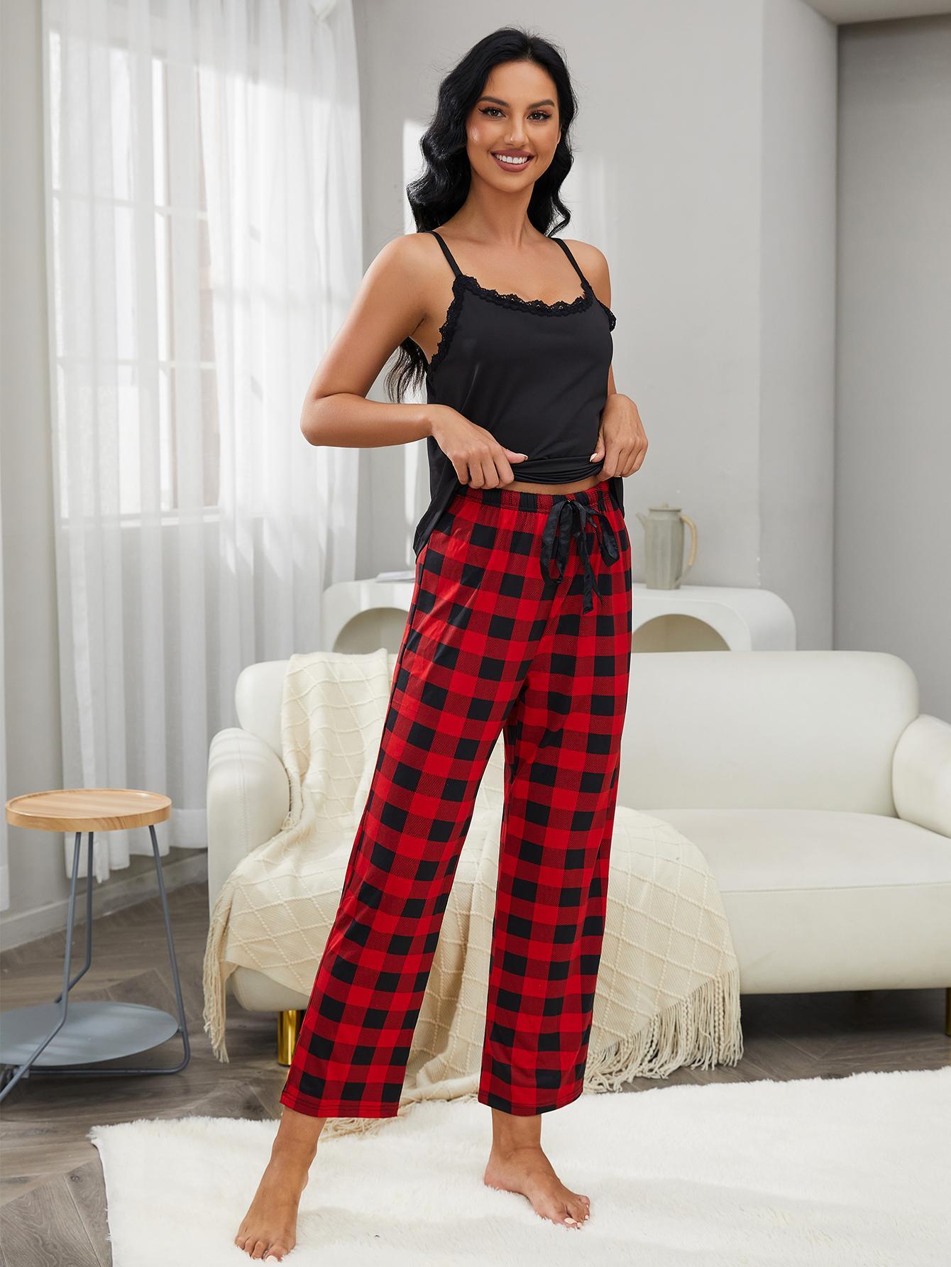 Lace Trim Cami and Plaid Pants Lounge Set - Clothes For Her Online Store