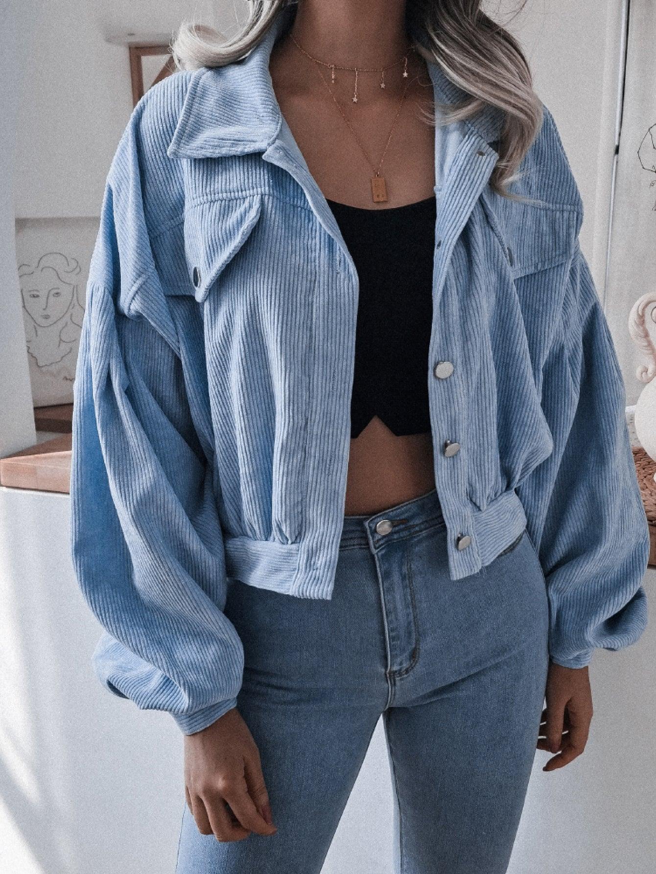Lantern Sleeve Cropped Corduroy Jacket - Clothes For Her Online Store