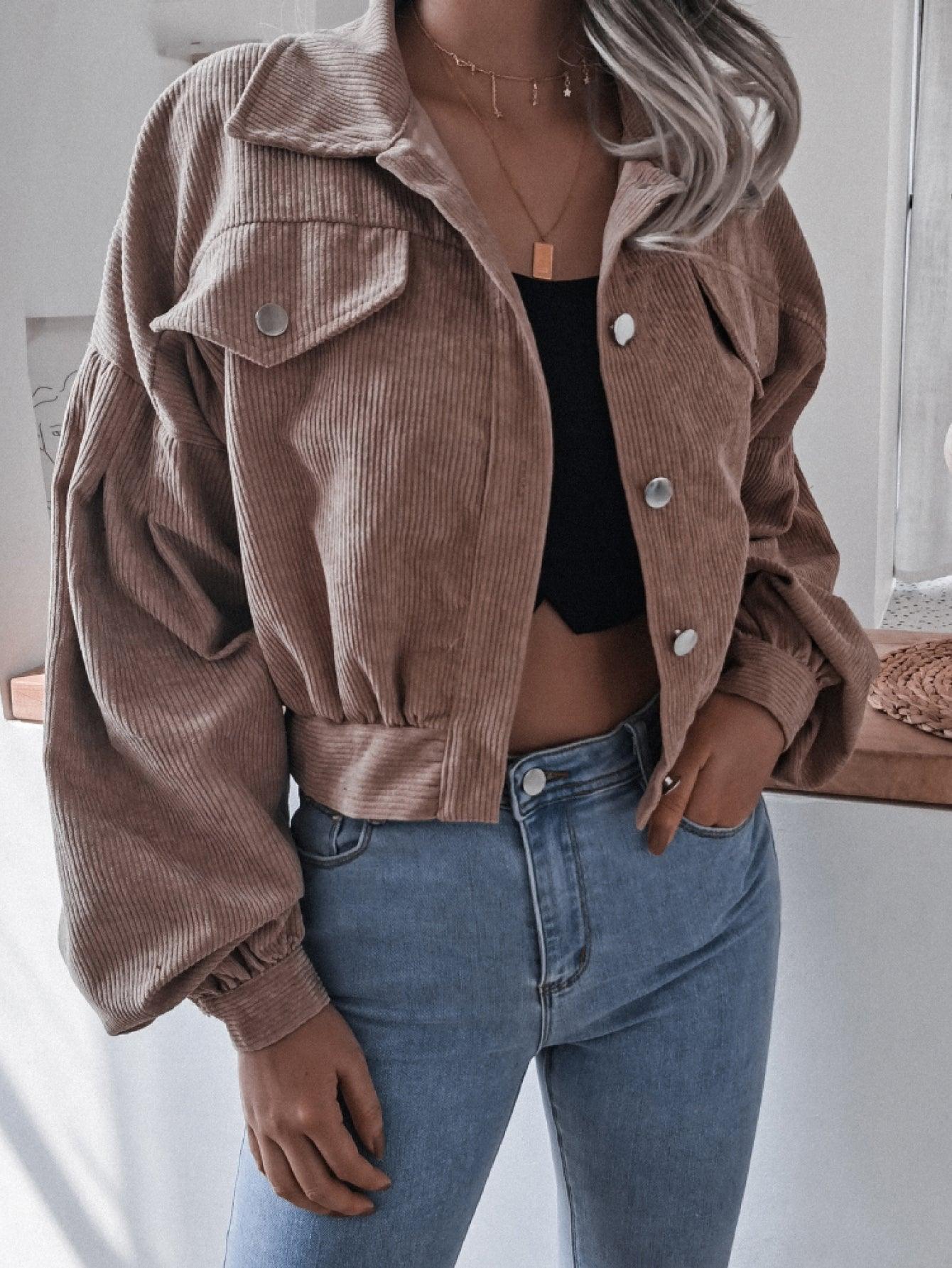 Lantern Sleeve Cropped Corduroy Jacket - Clothes For Her Online Store