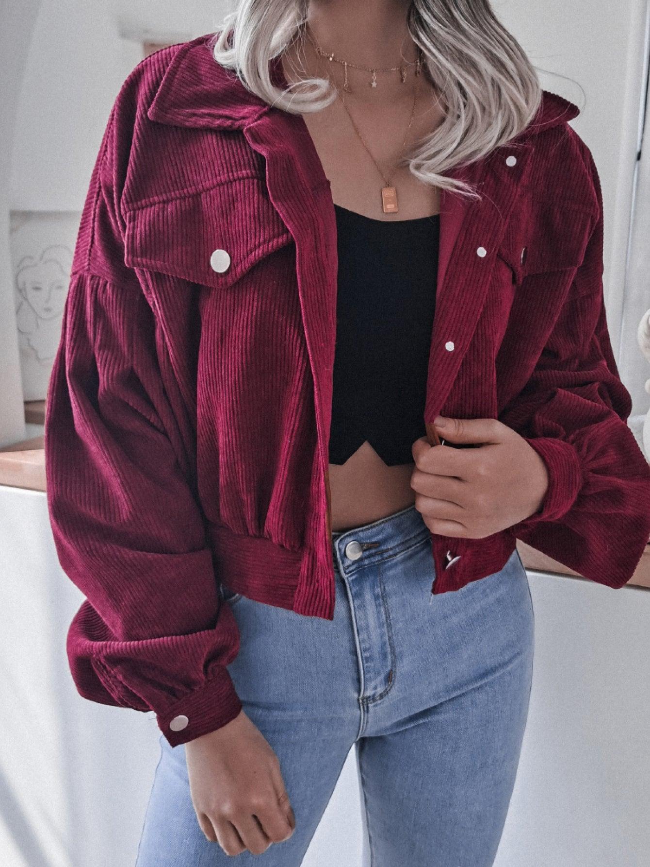 Lantern Sleeve Cropped Corduroy Jacket - Clothes For Her Online Store