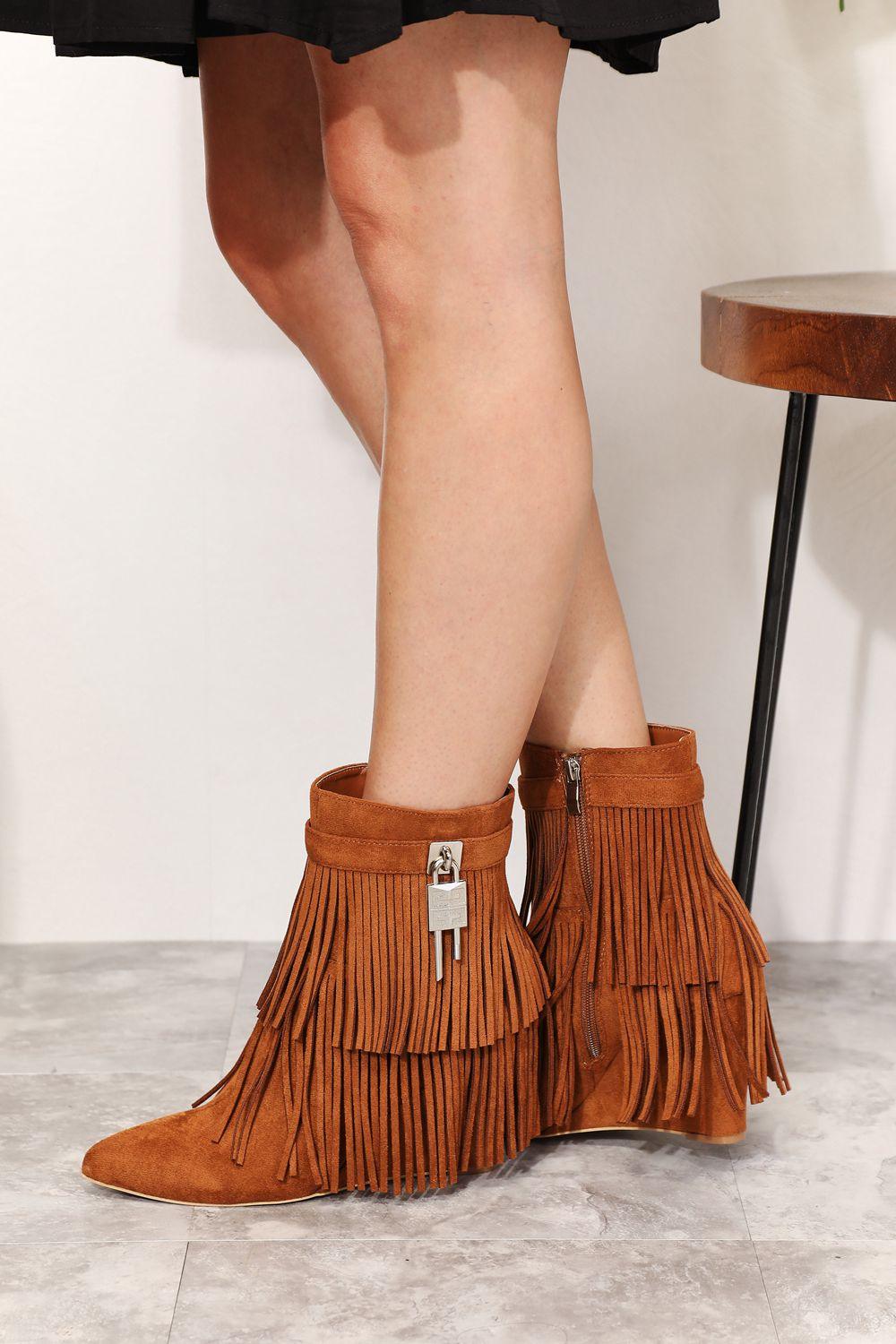 Legend Women's Tassel Wedge Heel Ankle Booties - Clothes For Her Online Store
