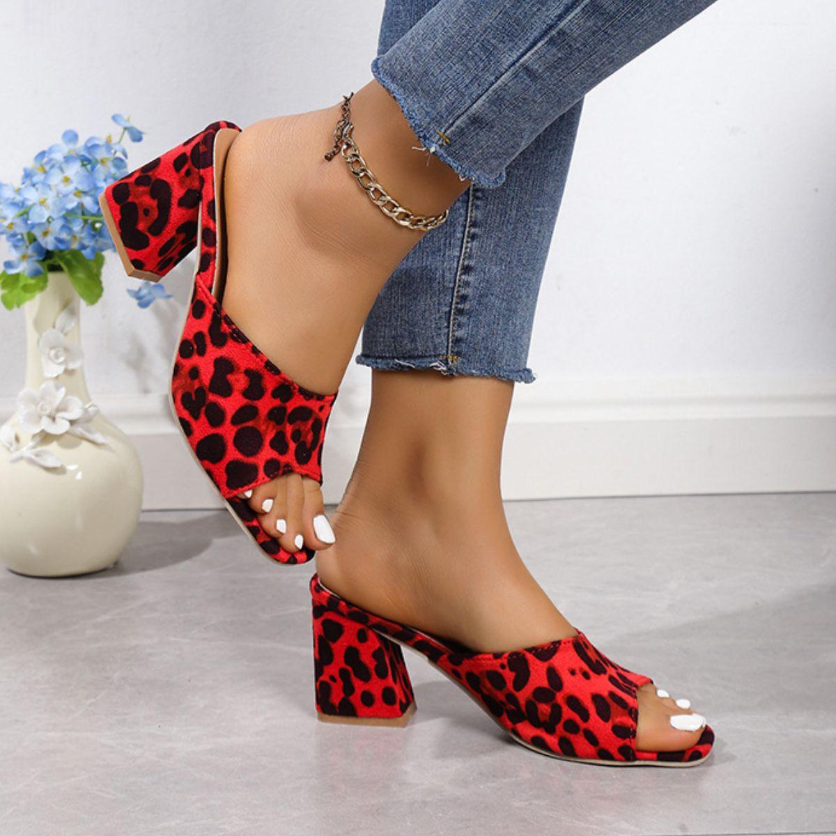 Leopard Block Heel Suede Sandals - Clothes For Her Online Store