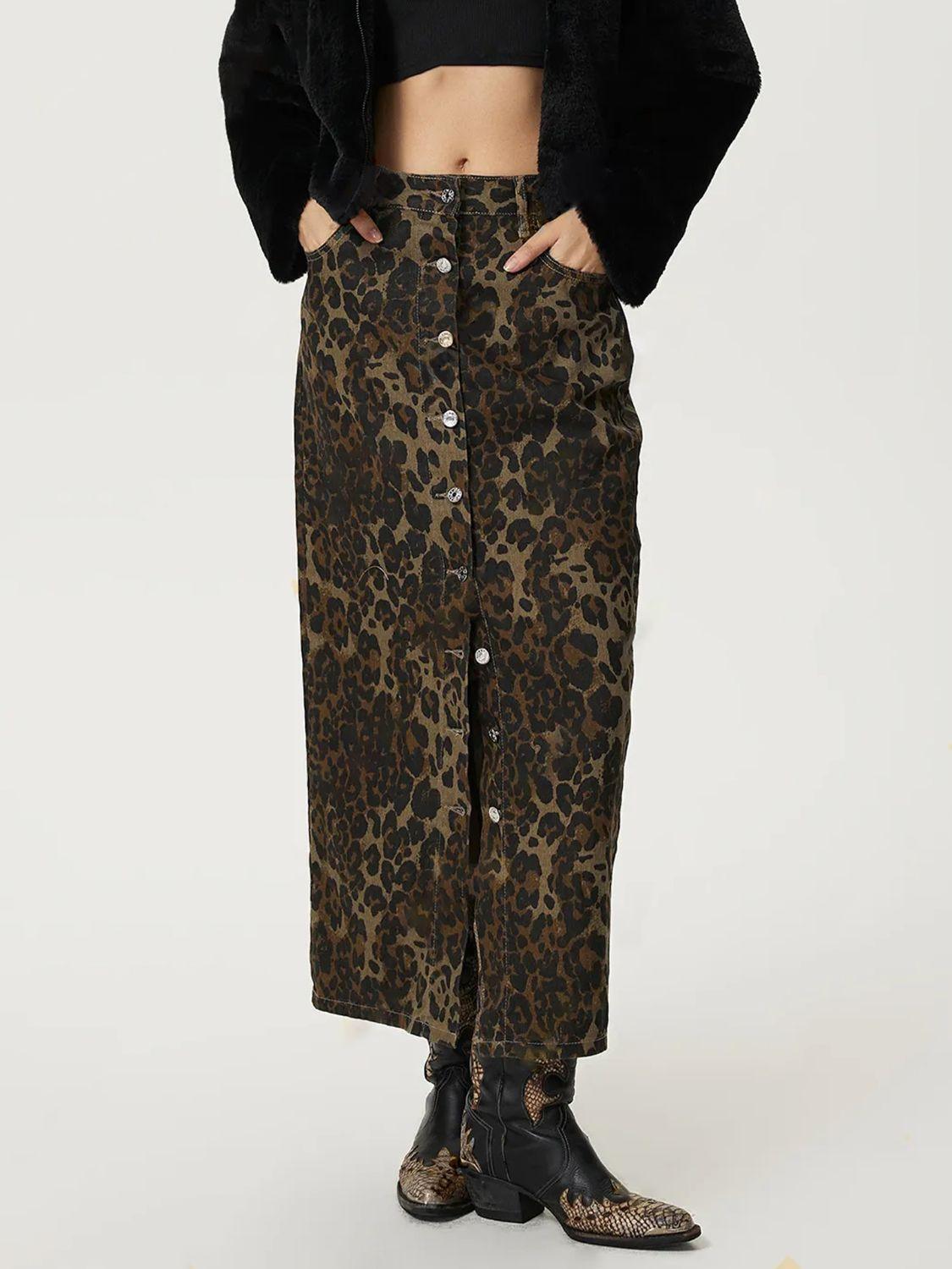 Leopard Button Up Denim Skirt - Clothes For Her Online Store