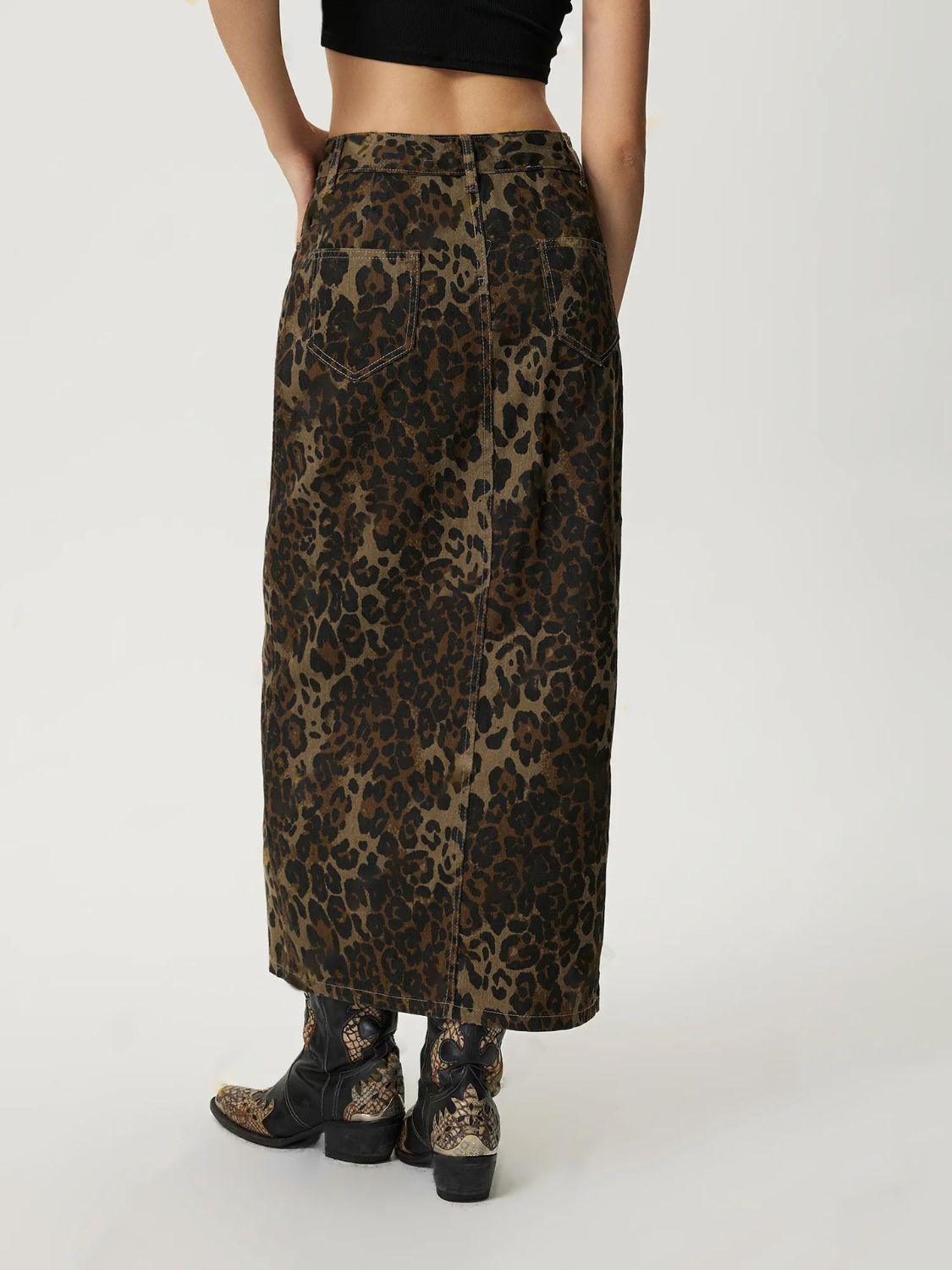 Leopard Button Up Denim Skirt - Clothes For Her Online Store