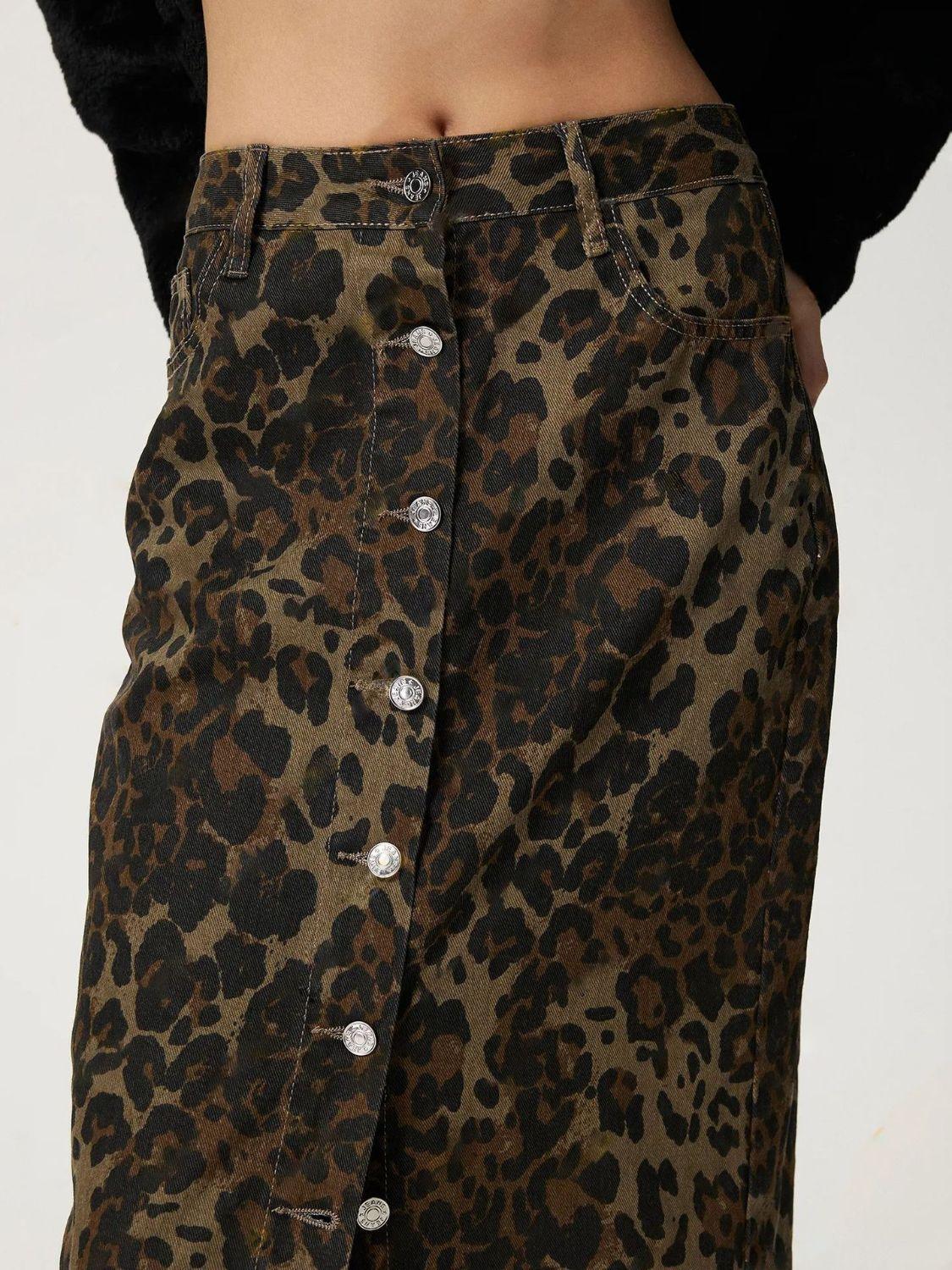 Leopard Button Up Denim Skirt - Clothes For Her Online Store