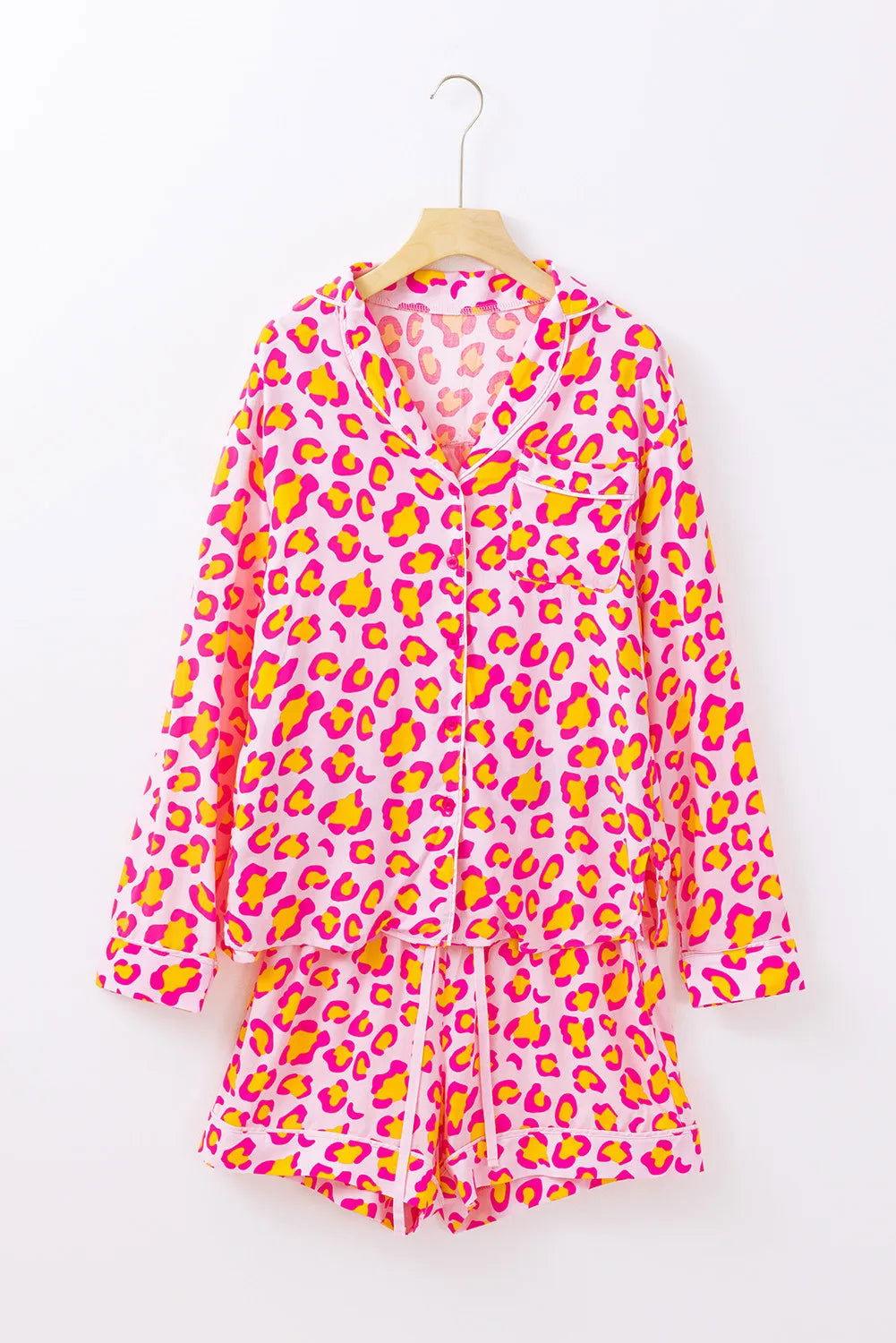 Leopard Collared Neck Long Sleeve Top and Shorts Lounge Set - Clothes For Her Online Store
