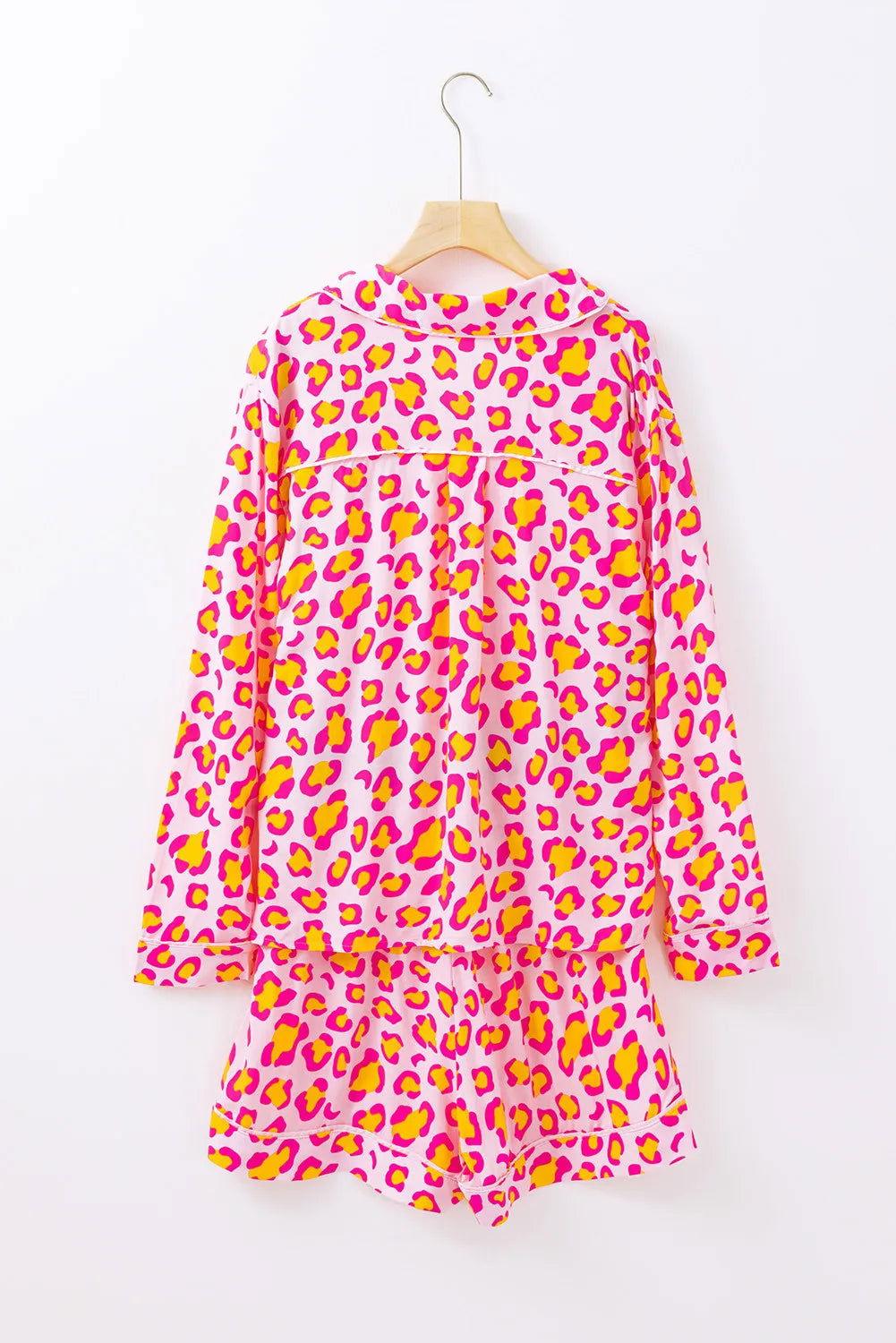 Leopard Collared Neck Long Sleeve Top and Shorts Lounge Set - Clothes For Her Online Store