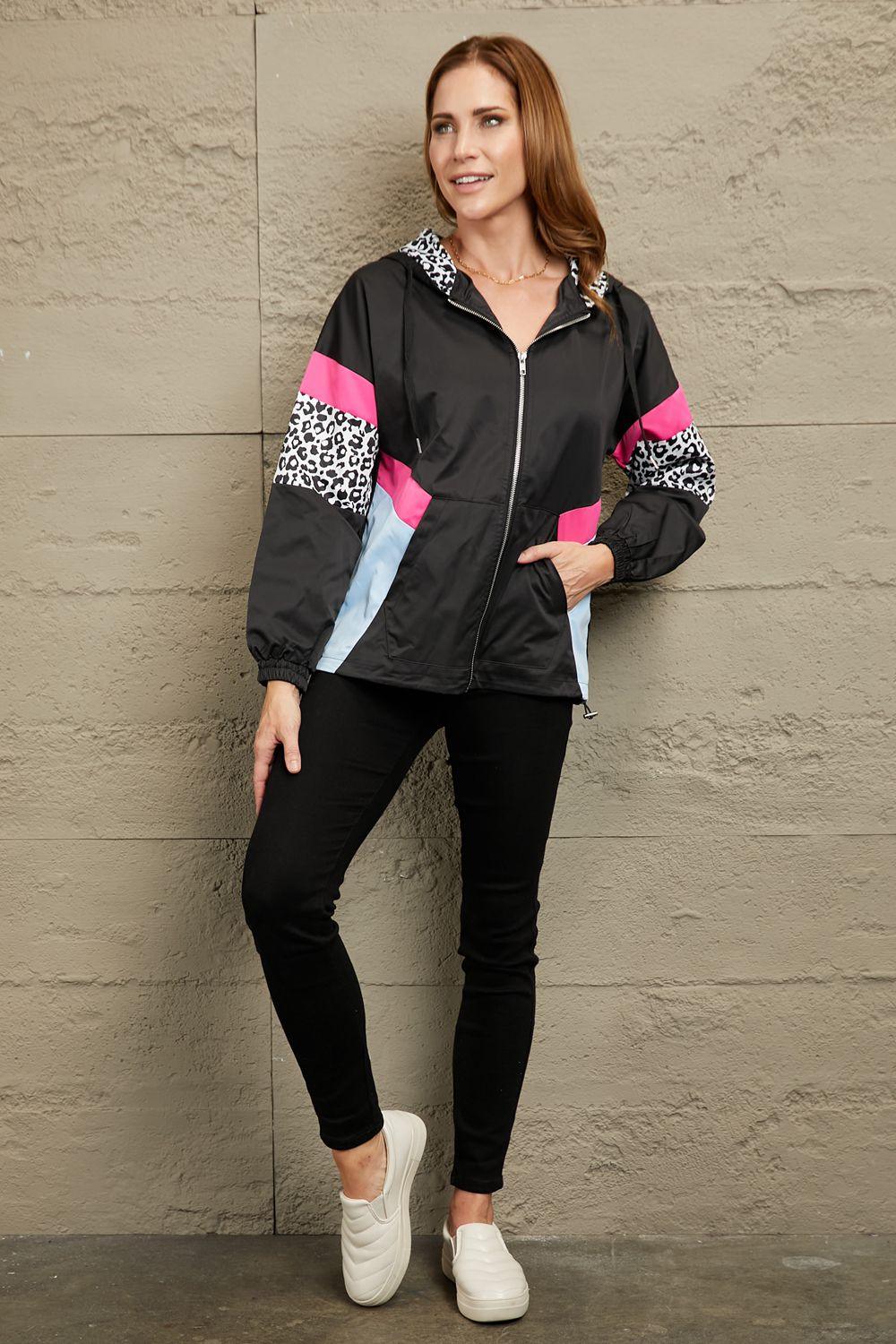 Leopard Color Block Zip-Up Hooded Jacket - Clothes For Her Online Store