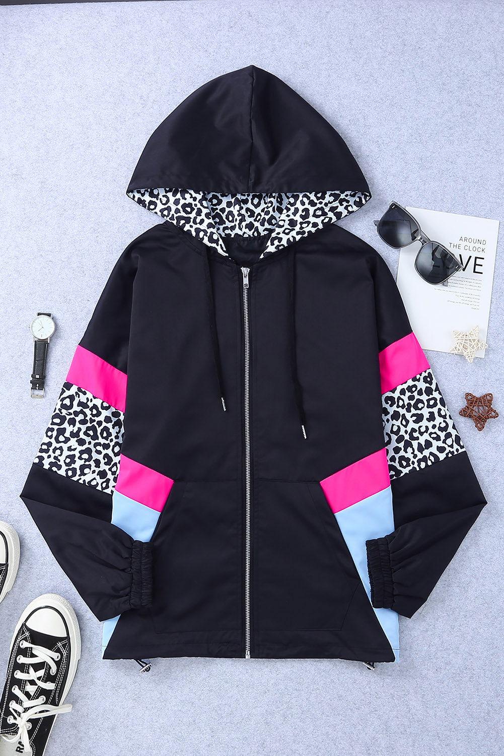 Leopard Color Block Zip-Up Hooded Jacket - Clothes For Her Online Store
