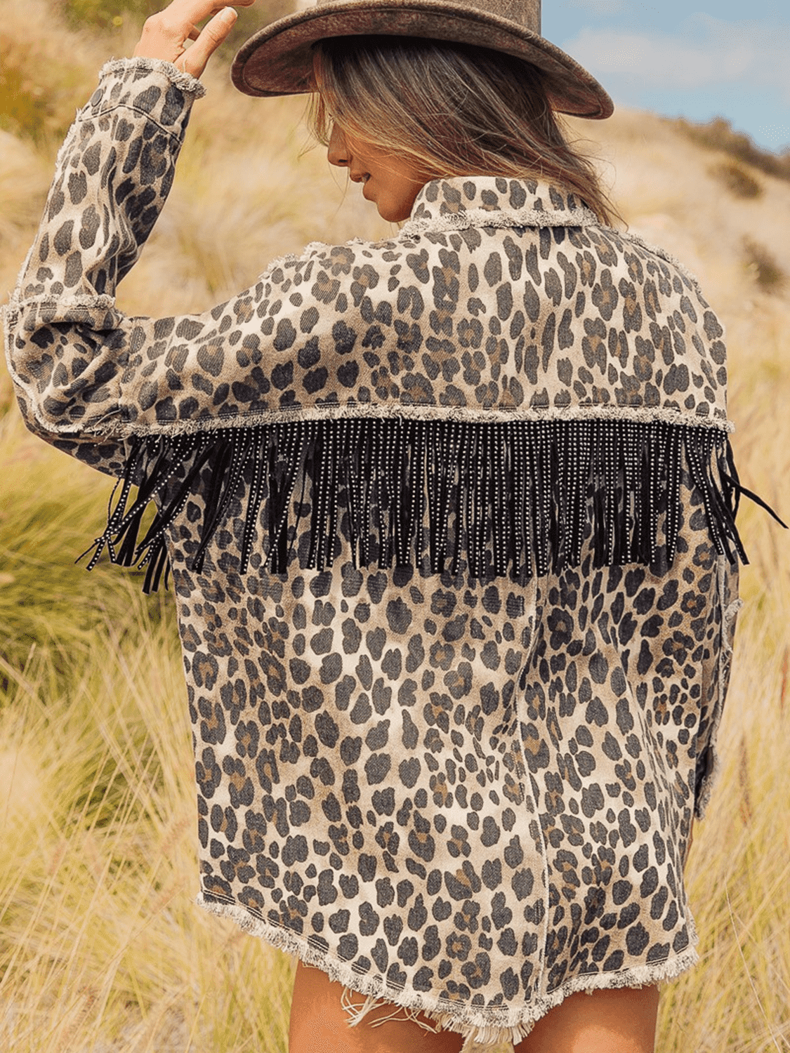 Leopard Fringe Detail Collared Neck Denim Jacket - Clothes For Her Online Store