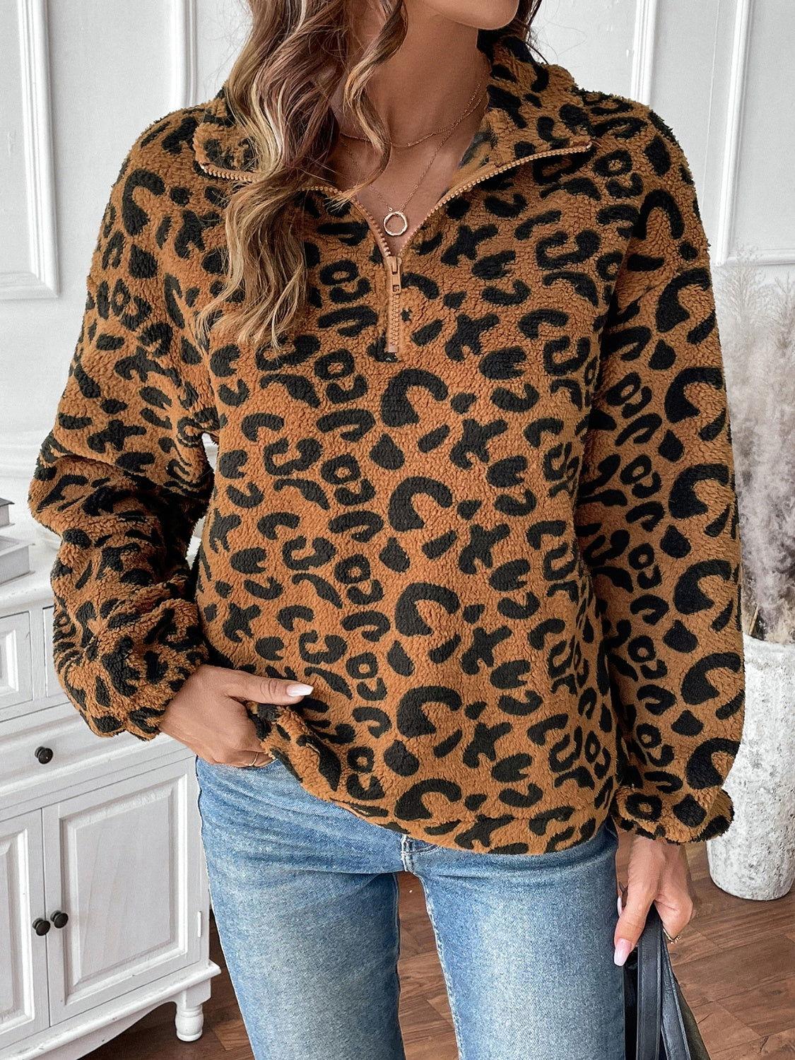 Leopard Half Zip Long Sleeve Sweatshirt - Clothes For Her Online Store