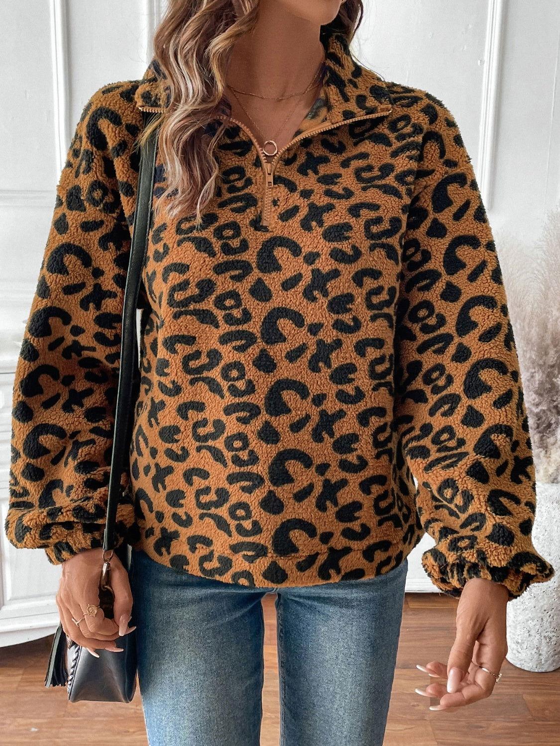 Leopard Half Zip Long Sleeve Sweatshirt - Clothes For Her Online Store
