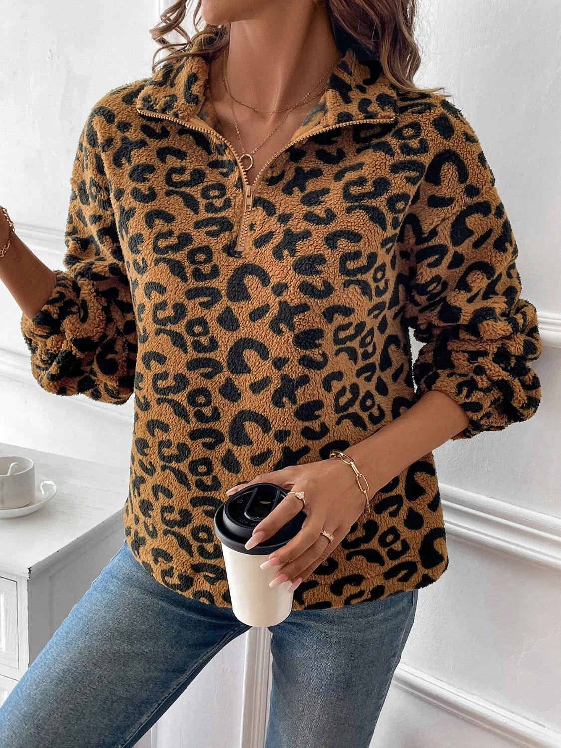 Leopard Half Zip Long Sleeve Sweatshirt - Clothes For Her Online Store