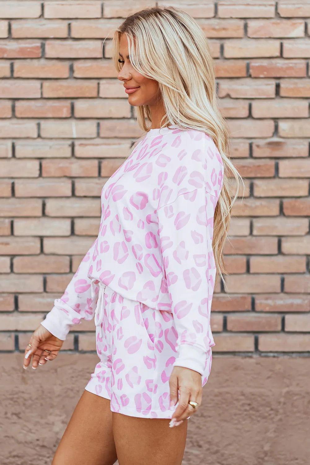 Leopard Long Sleeve Top and Drawstring Shorts Lounge Set - Clothes For Her Online Store