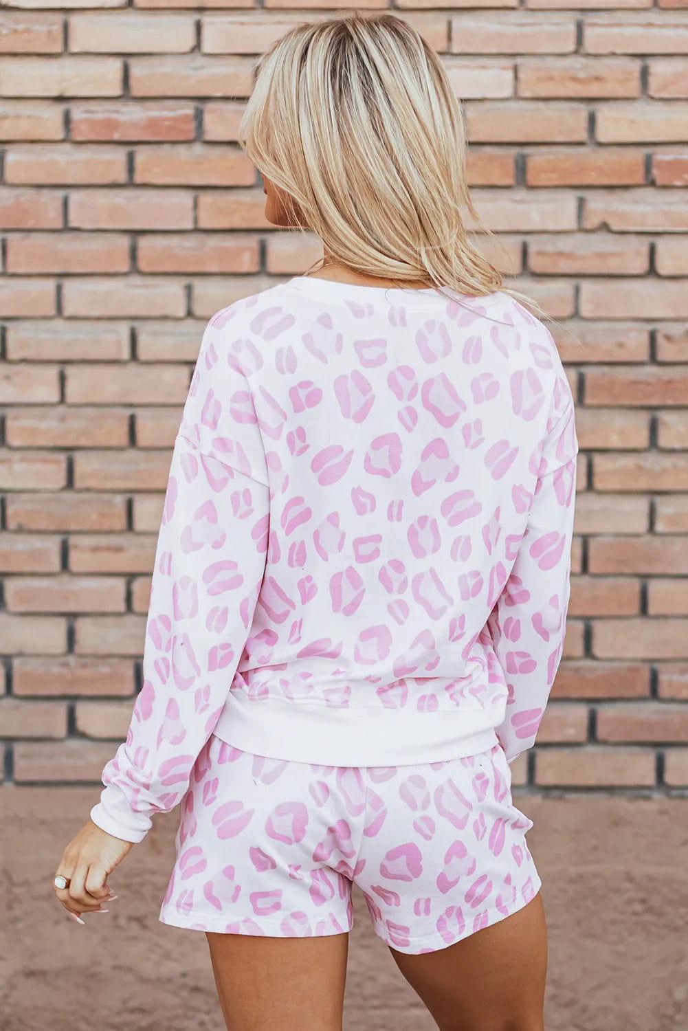 Leopard Long Sleeve Top and Drawstring Shorts Lounge Set - Clothes For Her Online Store