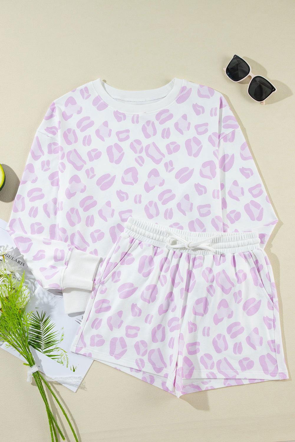 Leopard Long Sleeve Top and Drawstring Shorts Lounge Set - Clothes For Her Online Store