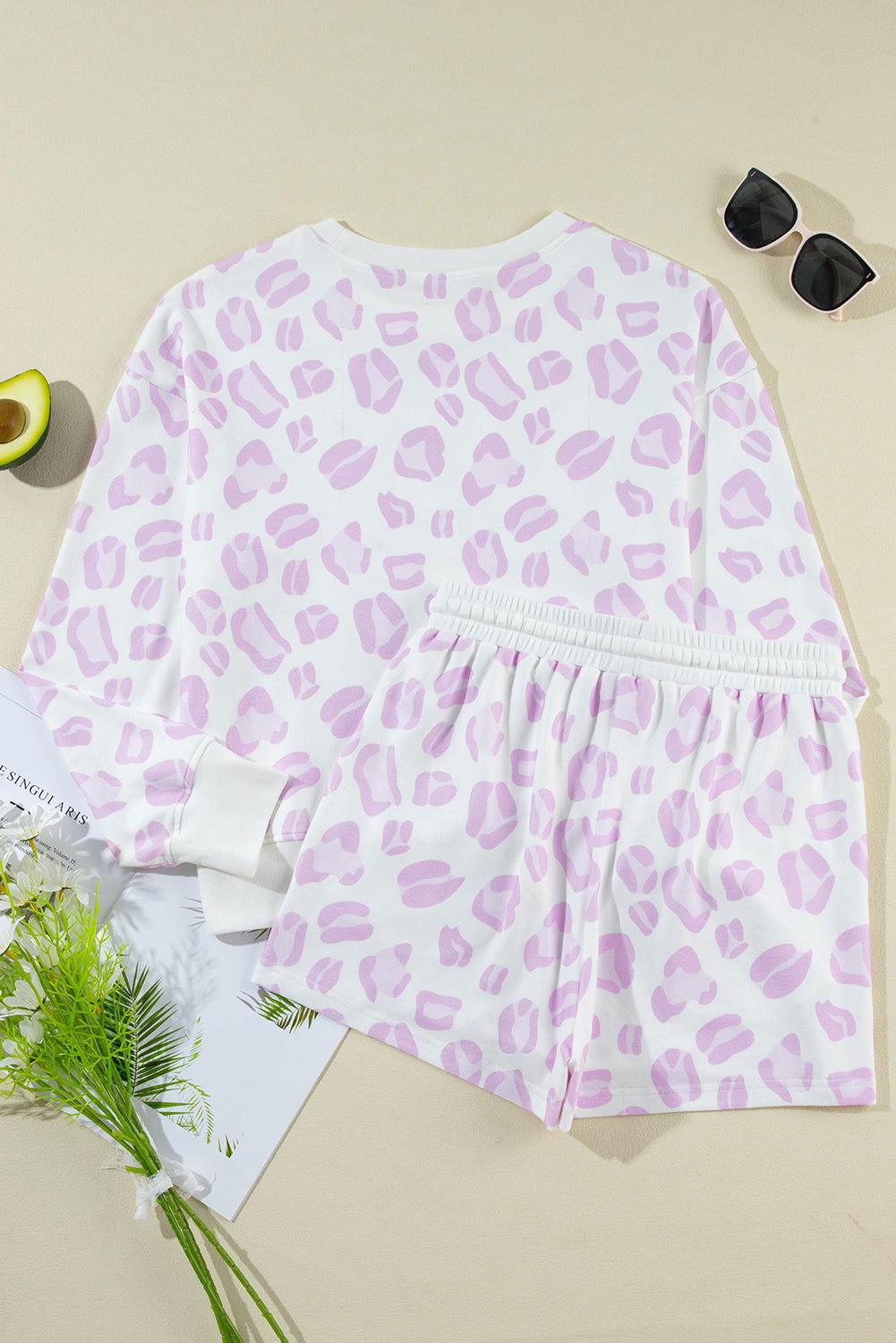 Leopard Long Sleeve Top and Drawstring Shorts Lounge Set - Clothes For Her Online Store