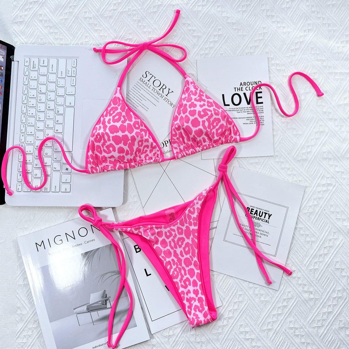 Leopard Print Halter Neck Tie Side Bikini Set - Clothes For Her Online Store