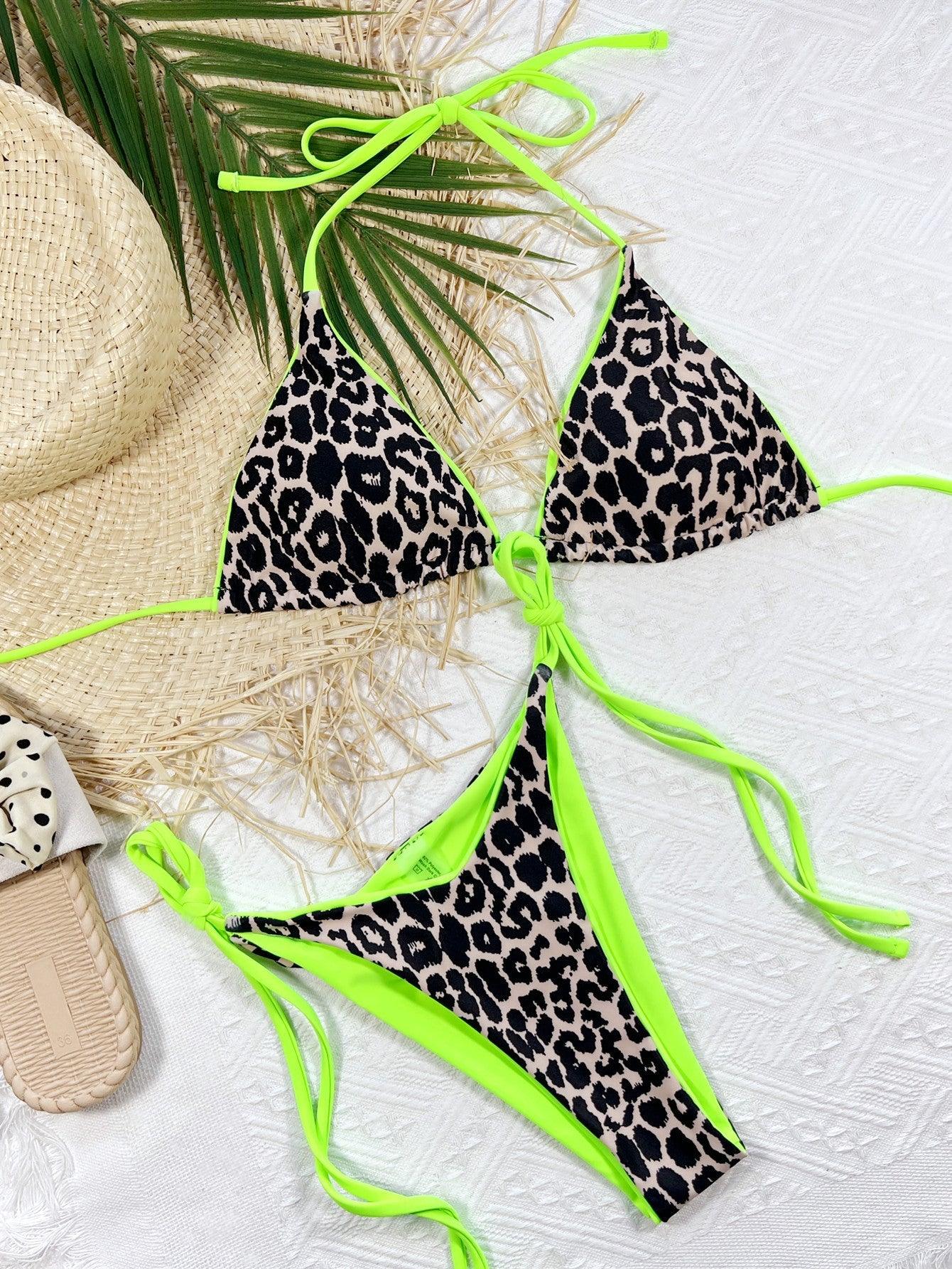 Leopard Print Halter Neck Tie Side Bikini Set - Clothes For Her Online Store