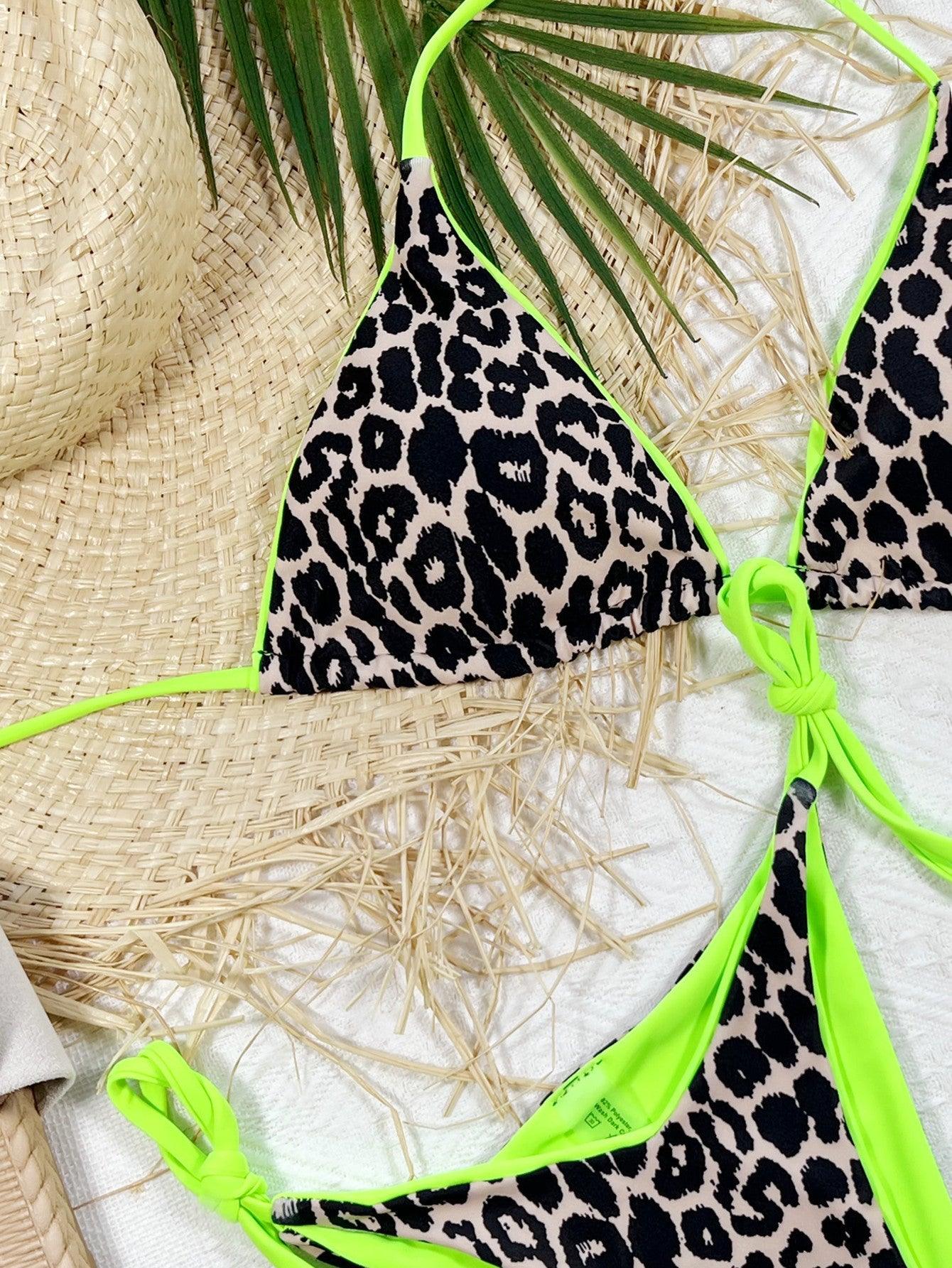 Leopard Print Halter Neck Tie Side Bikini Set - Clothes For Her Online Store