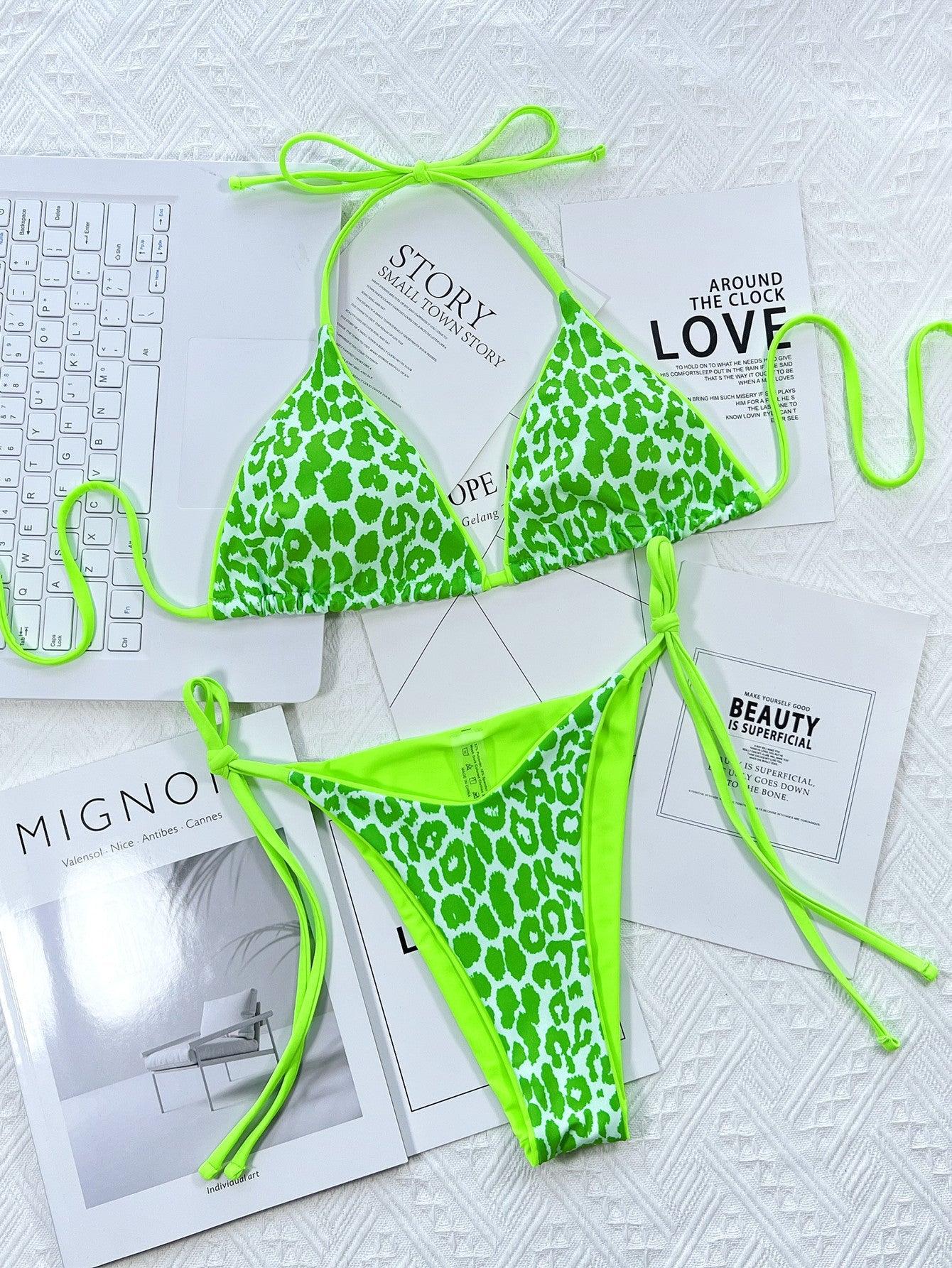 Leopard Print Halter Neck Tie Side Bikini Set - Clothes For Her Online Store