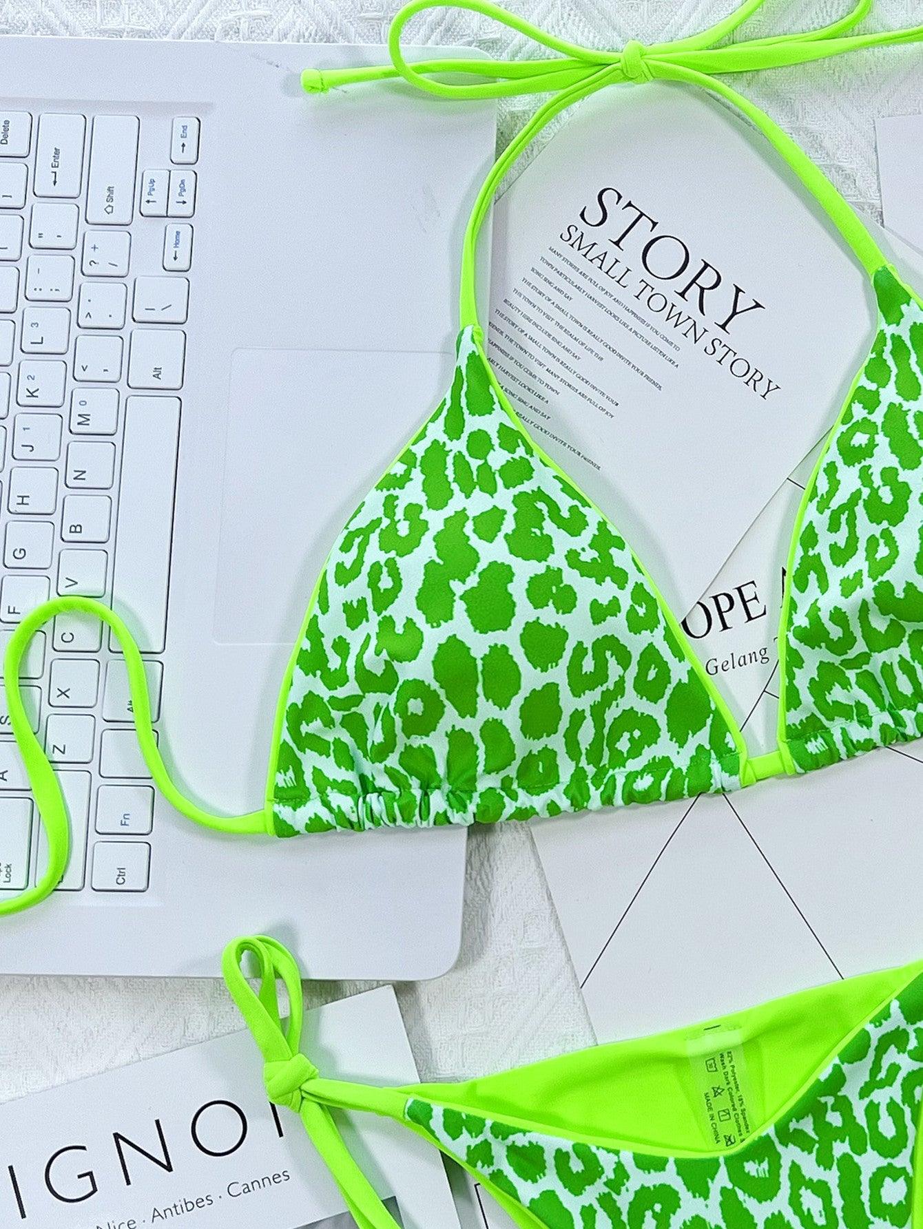 Leopard Print Halter Neck Tie Side Bikini Set - Clothes For Her Online Store