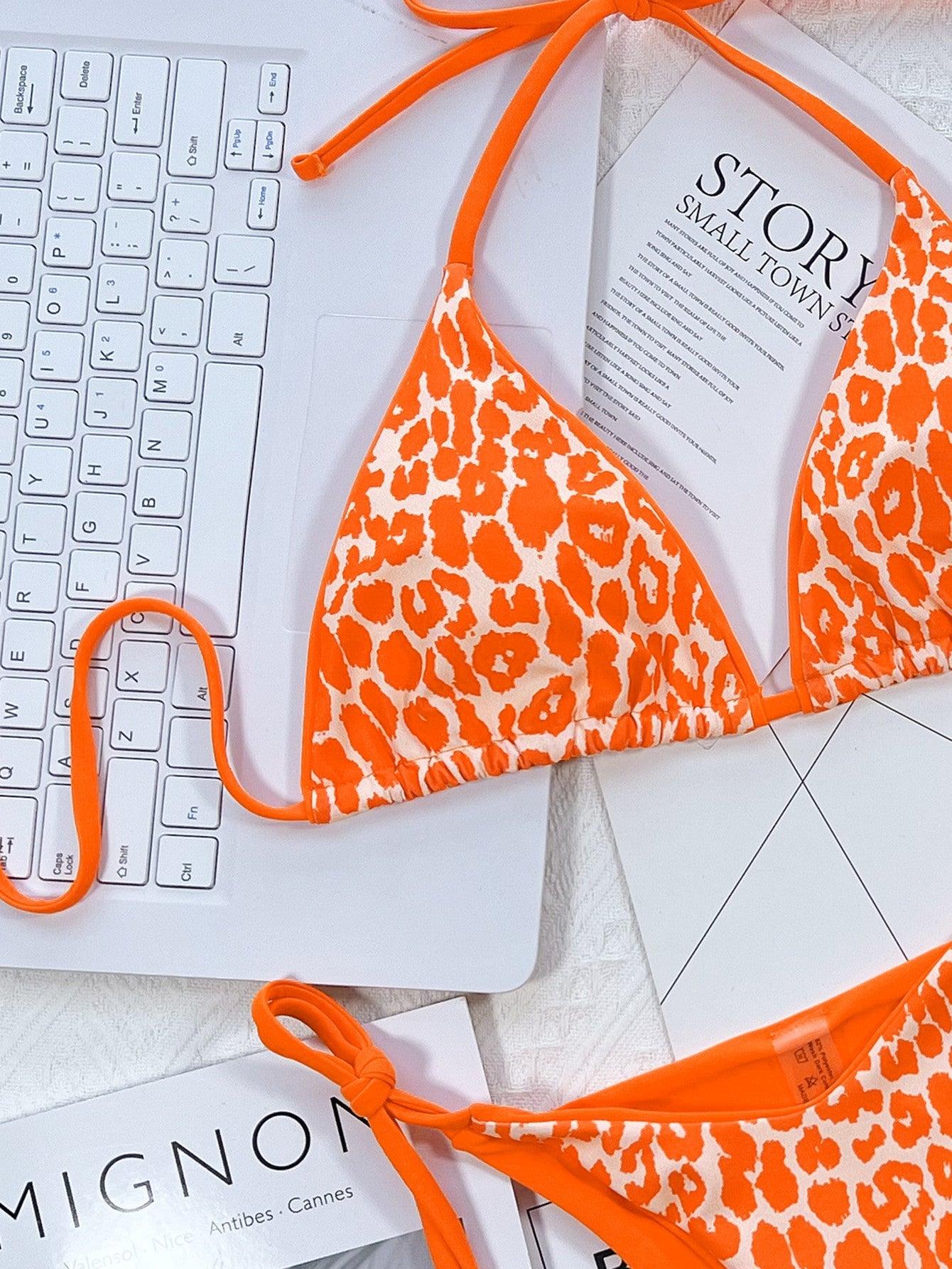 Leopard Print Halter Neck Tie Side Bikini Set - Clothes For Her Online Store