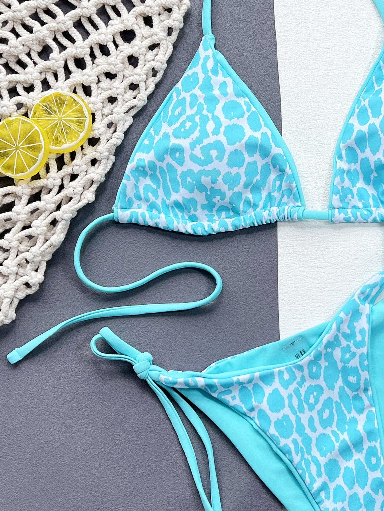 Leopard Print Halter Neck Tie Side Bikini Set - Clothes For Her Online Store