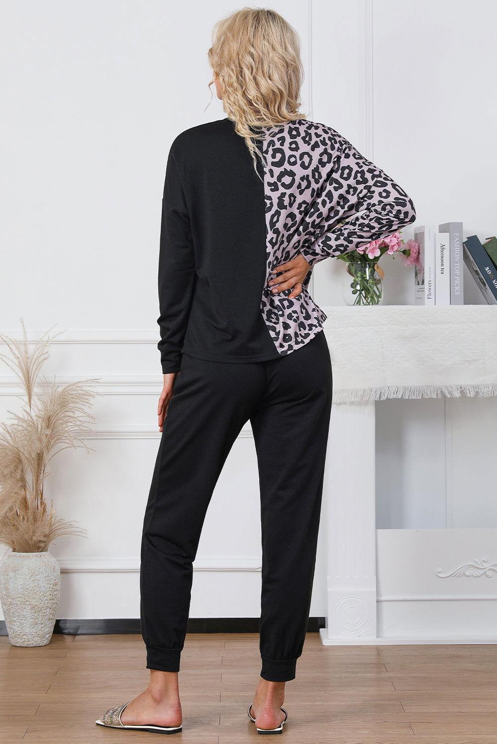 Leopard Round Neck Top and Drawstring Pants Lounge Set - Clothes For Her Online Store
