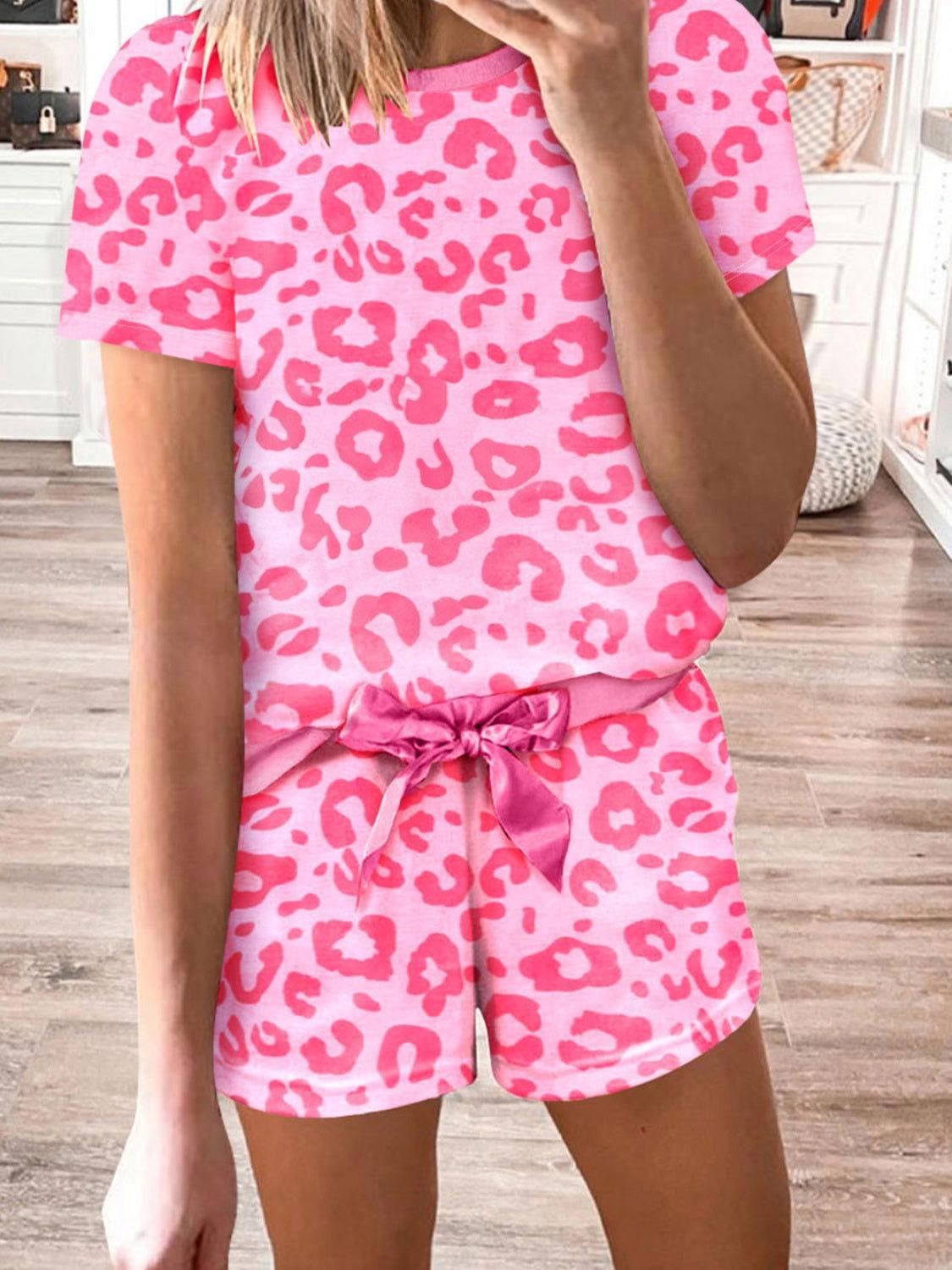 Leopard Round Neck Top and Shorts Lounge Set - Clothes For Her Online Store