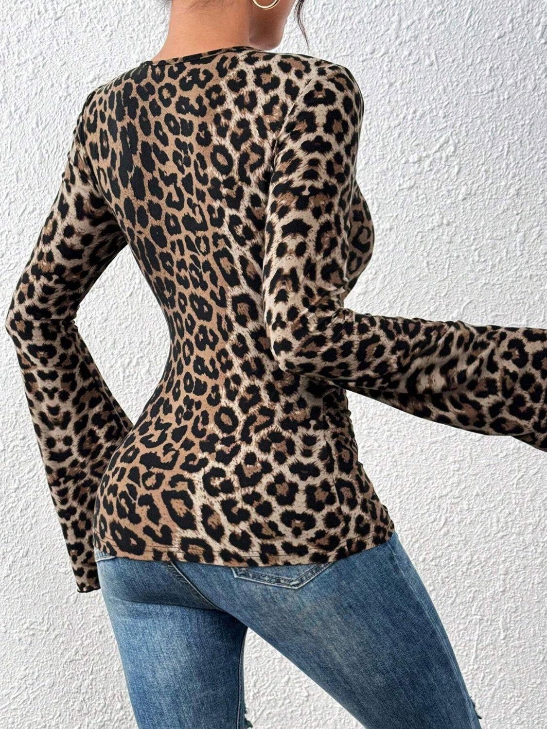 Leopard Surplice Flare Sleeve Top - Clothes For Her Online Store