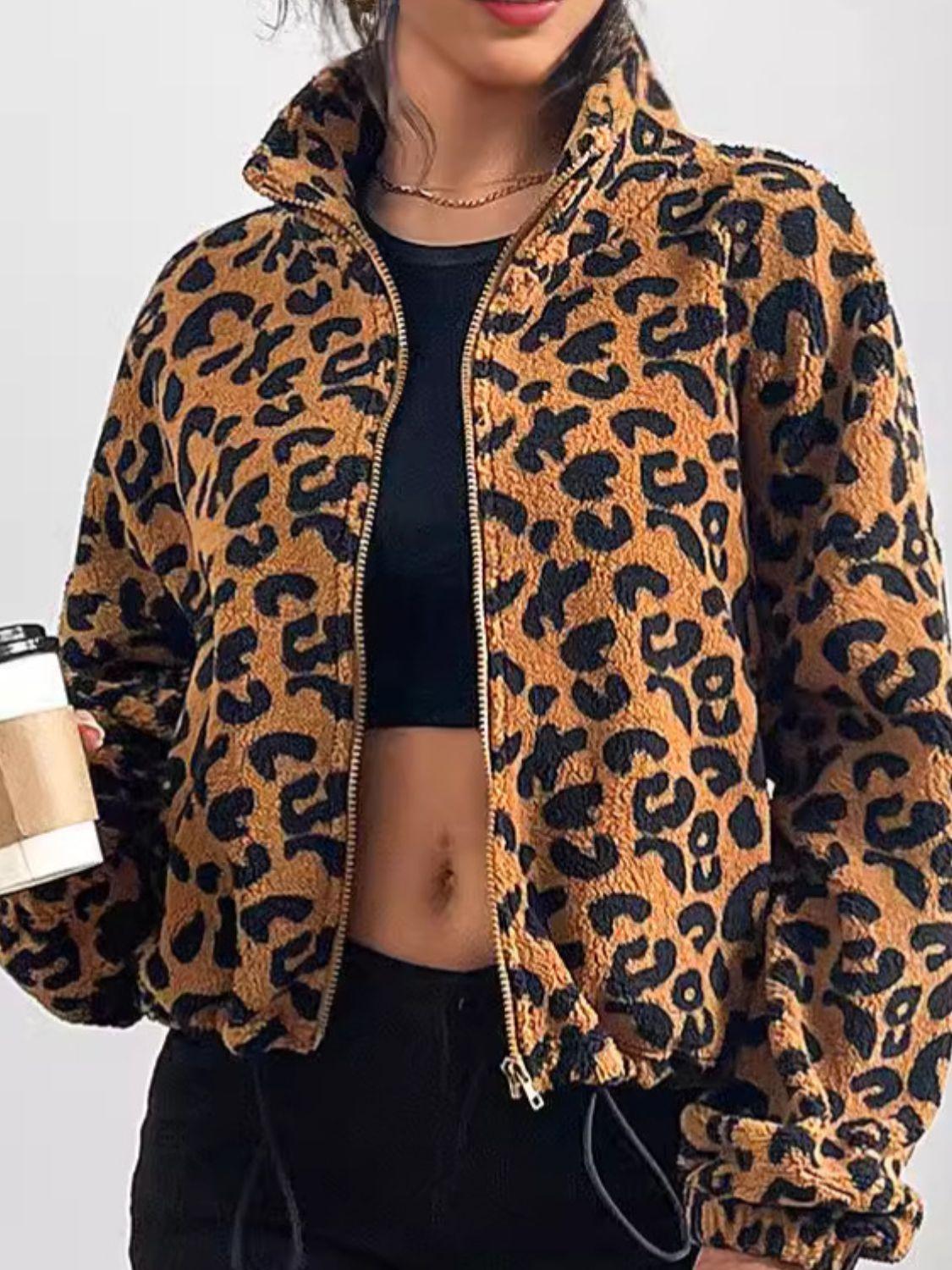 Leopard Zip Up Long Sleeve Jacket - Clothes For Her Online Store